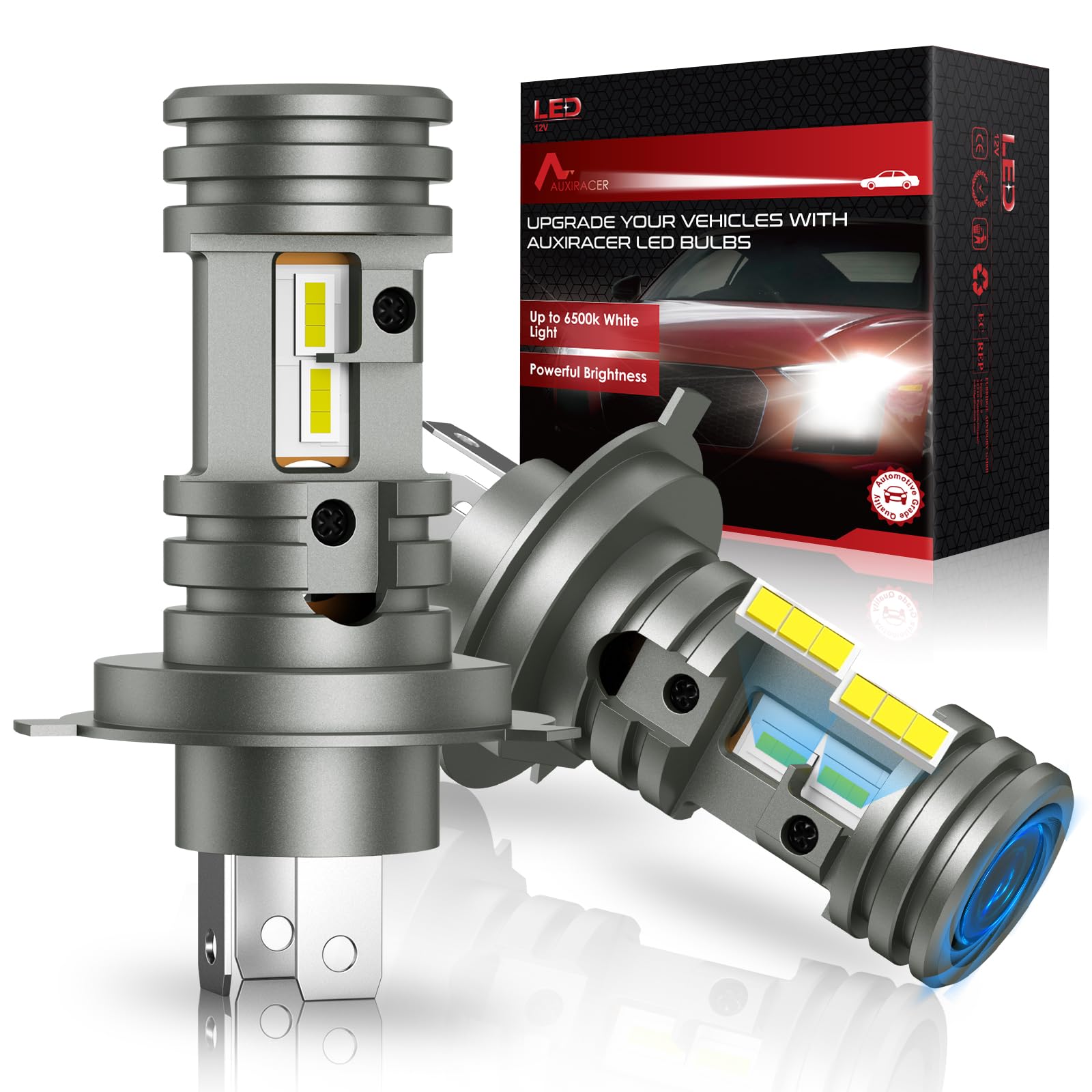 AUXIRACER H4 LED, 9003/HB2 Latest Car Vehicle Headlight, 30000LM 6500K Jasne białe światło 600% jasność, 1:1 Konstrukcja H4 Wymiana Halogenu, Plug-n-Play, opakowanie 2 szt