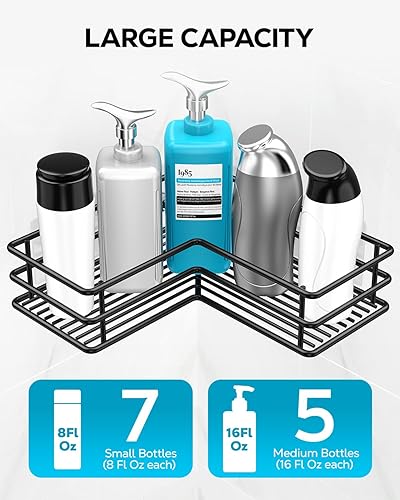 Vista 22 de Nieifi Estante adhesivo de esquina para ducha con ganchos, estante de baño de acero inoxidable a prueba de óxido, soporte para champú sin taladrar