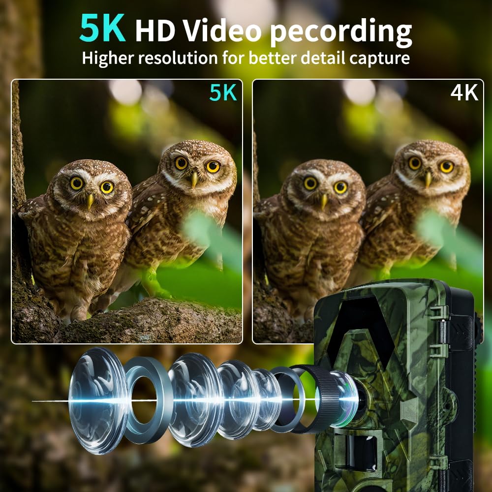 Wildkamera, 5K 60MP Wildtierkamera, 98FT 130 Weitwinkel Jagdkamera, 0,05s Auslösezeit Nachtsicht Bewegungssensor, IP66 Wasserdicht, kein Glühen Infrarot-LEDs Überwachungskamera mit 32GB Speicherkarte