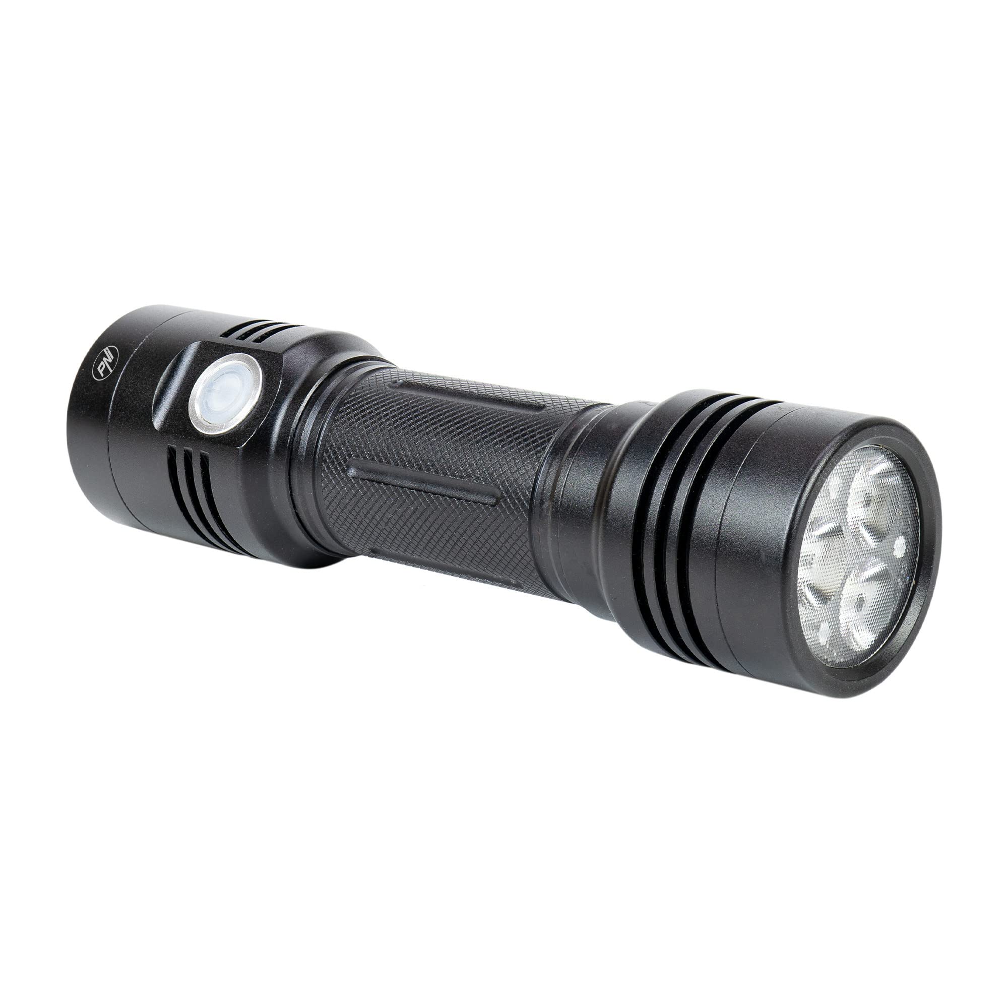 Aluminiowa latarka podwójna LED PNI Adventure F200, bateria 4000 mAh i port micro USB, 3 diody LED z dużą aperturą i jedna z fokusem, obie mają 3 poziomy mocy