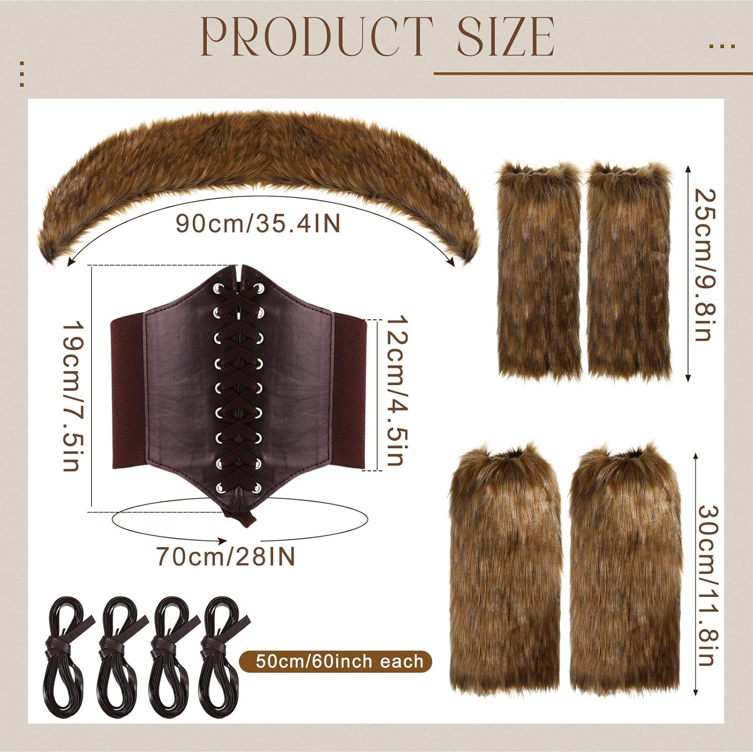 Cuffbow 10 Pc Viking Costume Set, Faux Fur Collar, Fur Leg Warmers, Lace Up Waist Belt for Men Women Halloween Party - Image 2