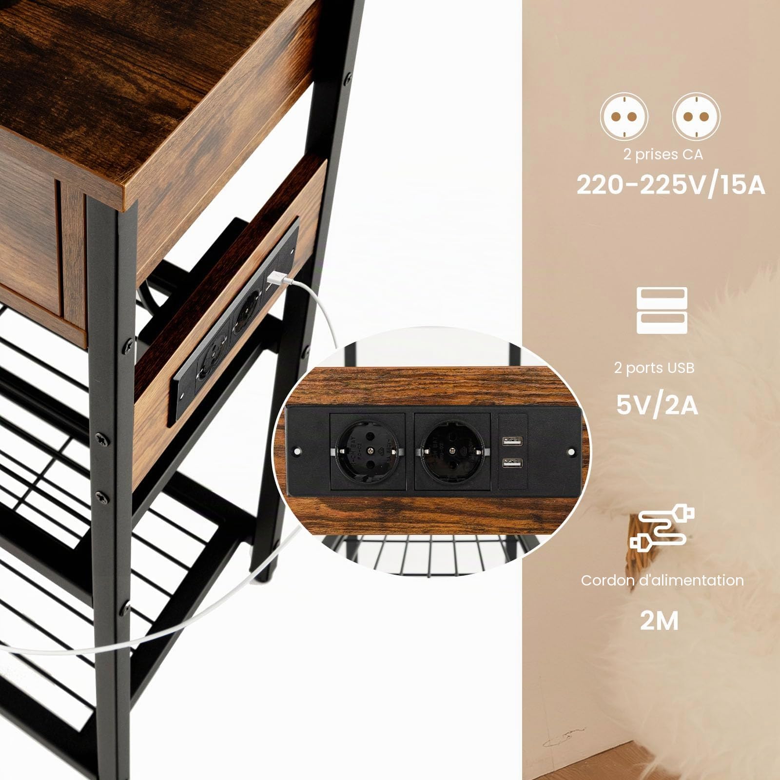 LIFEZEAL Table Console avec Prise de Courant et Ports USB, Table de Couloir Industrielle Ports USB, Meuble d’Entrée avec 2 Tiroirs, 81 x 30 x 81 cm, Marron+Noir