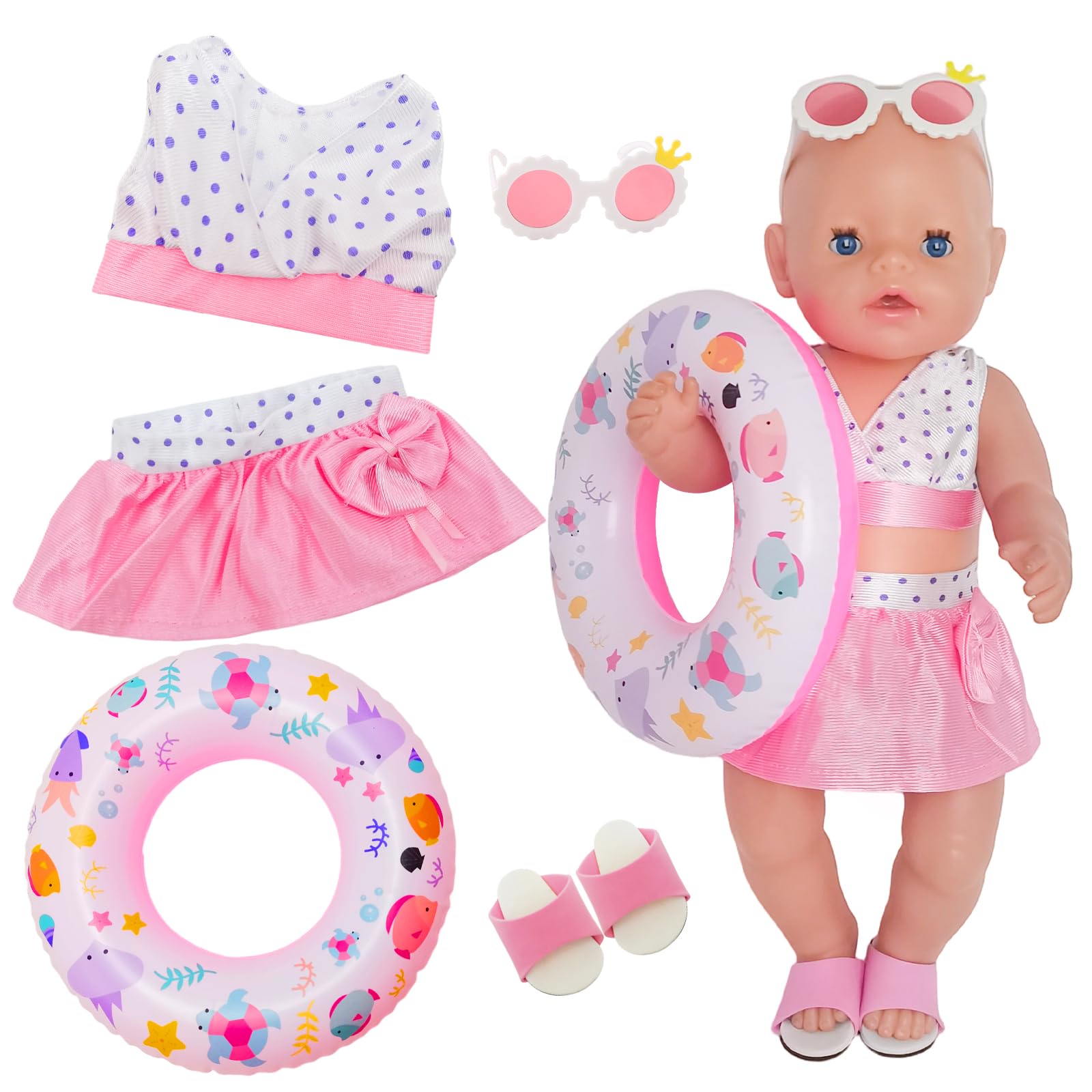 5 Pcs Baby Doll Clothes for 14-18 Inch Baby Doll, Sweet Baby New Doll Clothes Outfits 30-43cm Accessories with 1 Polka Dot Swimsuit 1 Swim Skirt 1 Swimming Ring 1 Sunglasses 1 Flip-Flops