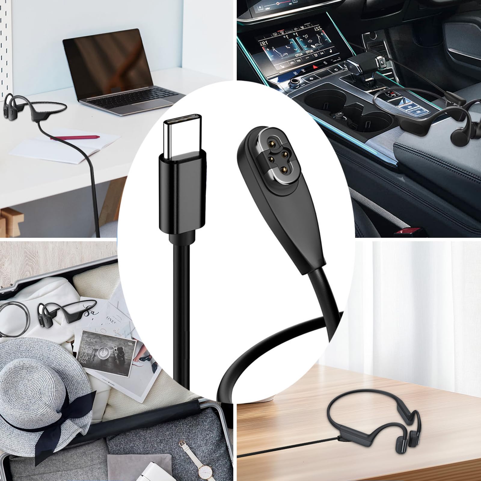 Paquete de 2 cables de carga magnéticos compatibles con Shokz OpenSwim Pro S710 Bone Sound Conducting Earphone Charging Cable Type-C a 4Pin Magnetic Charging Cable USB y USB C a Shokz S710, 1