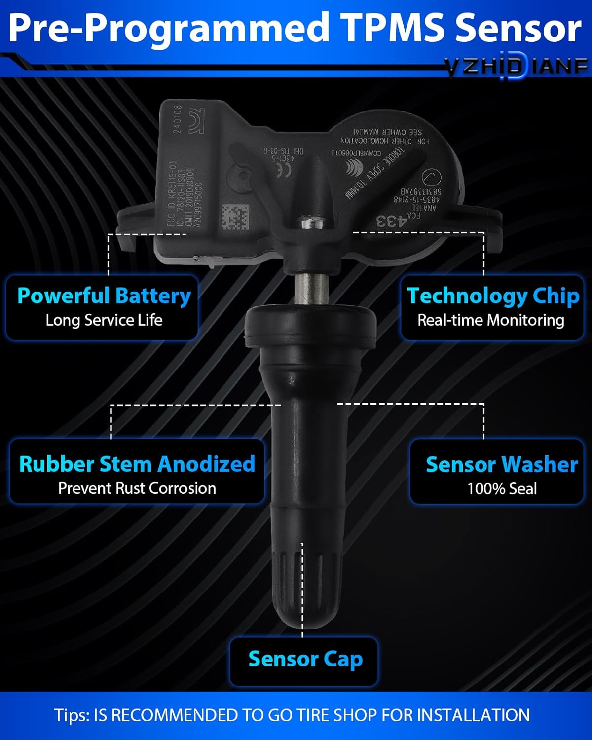 68313387AB Pre-Programed Tire Pressure Sensor for:-Jeep Grand Cherokee 2016-2022 Compass 2017-2022 Renegade for:-Chrysler 200 Pacifica Voyager for:-Dodge Durango Dart, 433MHz TPMS (4)