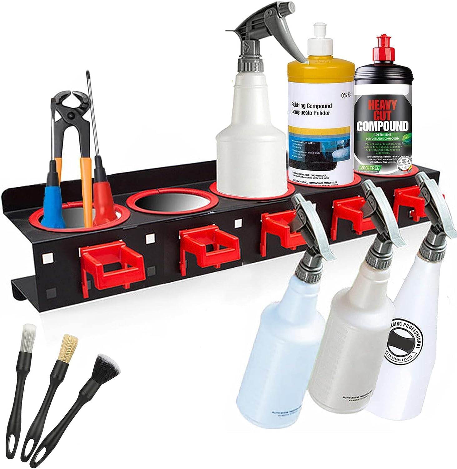 Spray Bottle Storage Rack,Wall Mount Spray Can Holder Garage Bottle Organizer, Hanging Rail Car Beauty Shop Accessory Display Auto Cleaning Detailing Tools Hanger with Car Cleaning Brush Kits