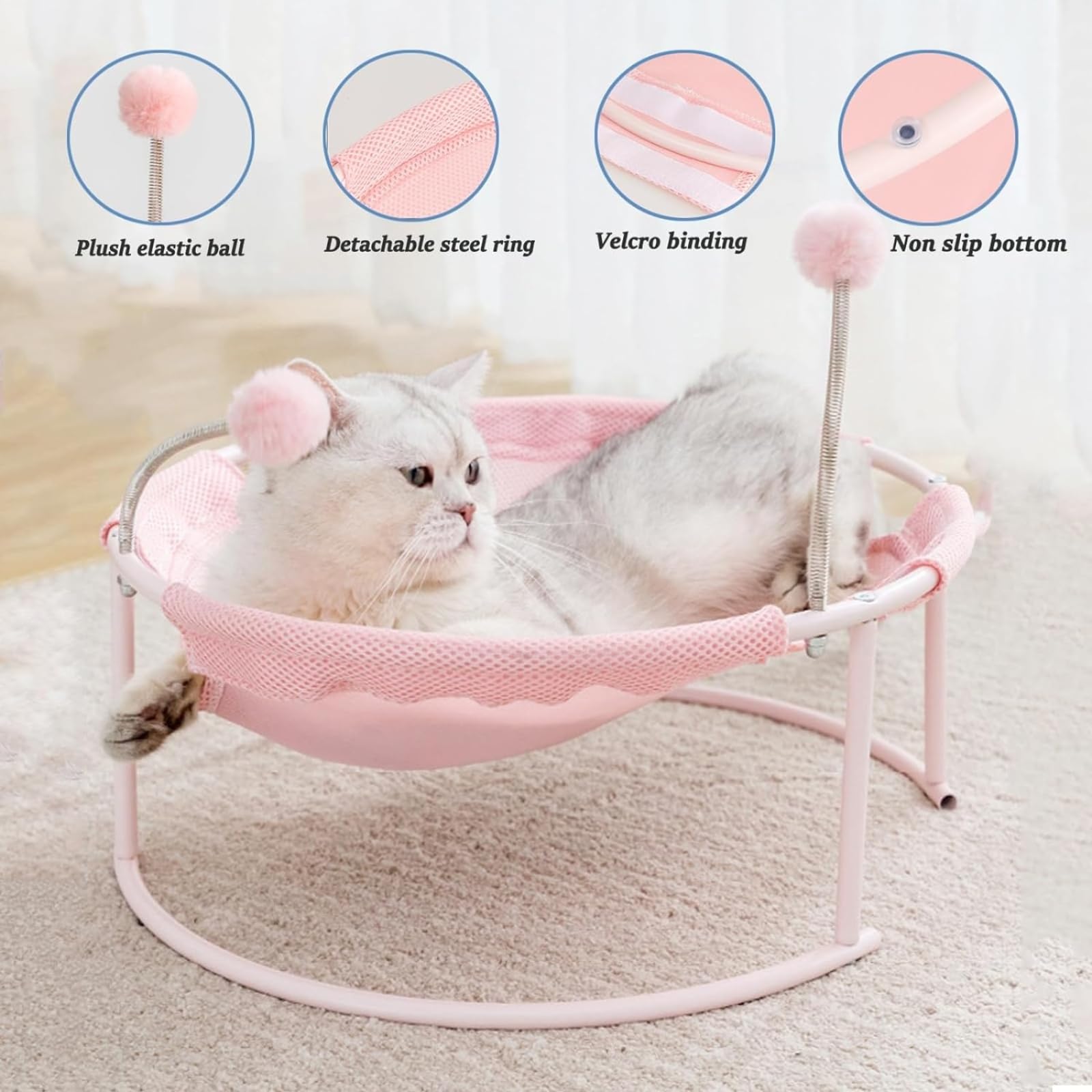 emily pets Mesh Cats Hammock Bed Breathable for Kittens with Dangling Spring Ball Stable Steel Frame Detachable and Washable Cover (Color May Vary) 4