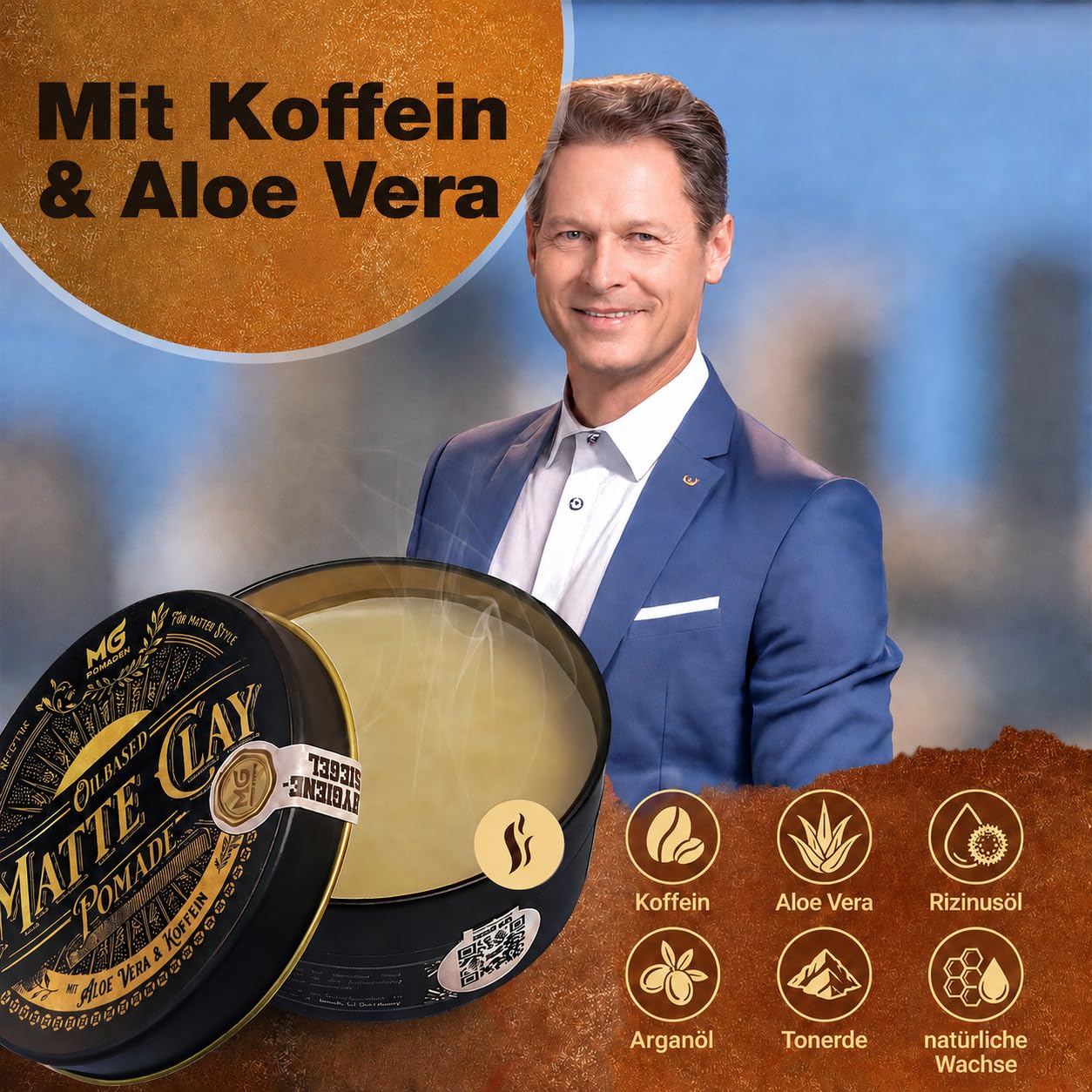MG Pomade MATTE CLAY – glinka do włosów, mat, mocne utrwalenie | Pomada na bazie oleju z kofeiną i aloesem; odporna na wodę, do poprawiania fryzury i testowana dermatologiczni