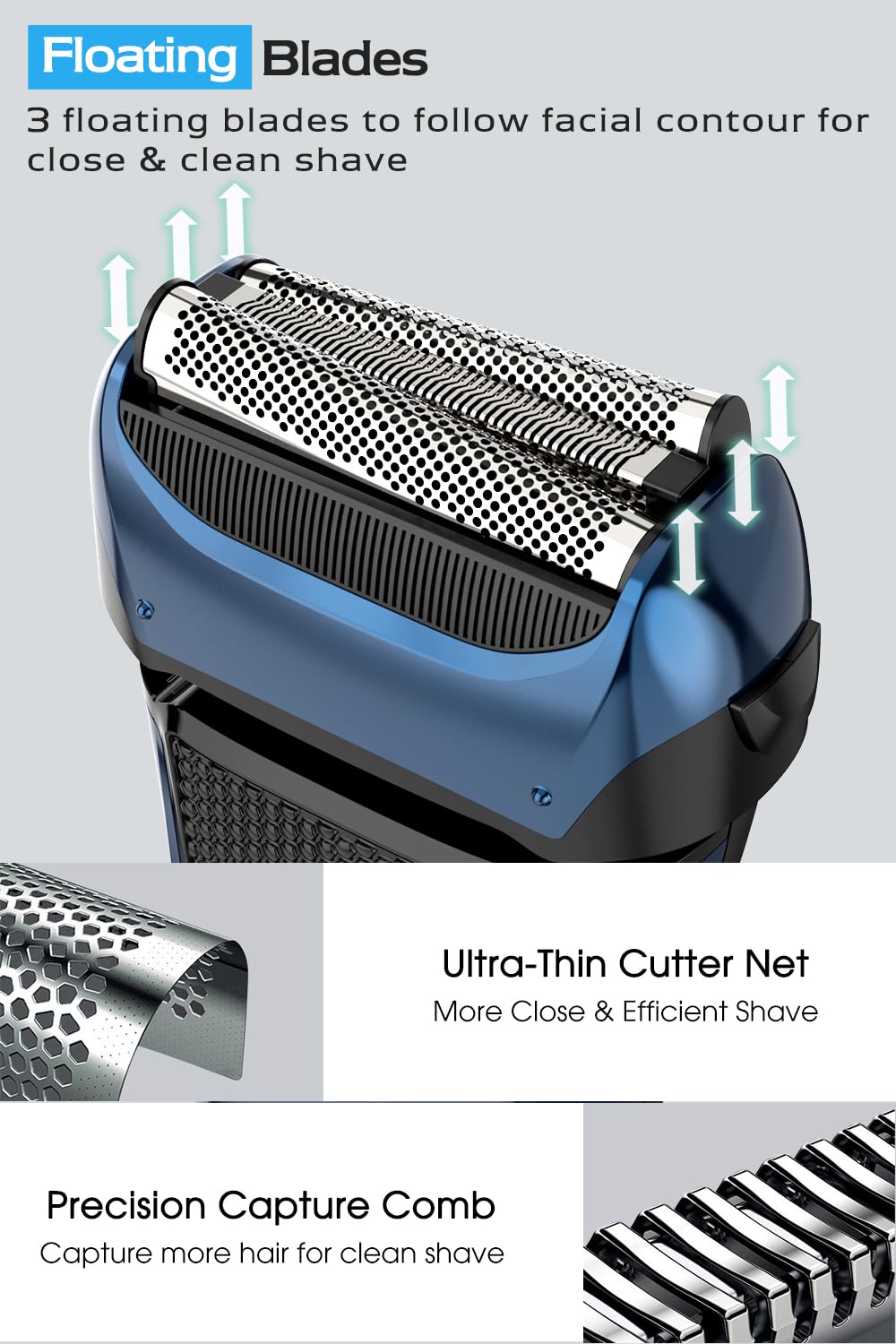 Maquinilla de afeitar eléctrica para hombre con 3 cuchillas flexibles y estuche de viaje, Afeitadora Eléctrica con recortador de precisión, Afeitadora Barba en seco y húmedo, 120 minutos de autonomía