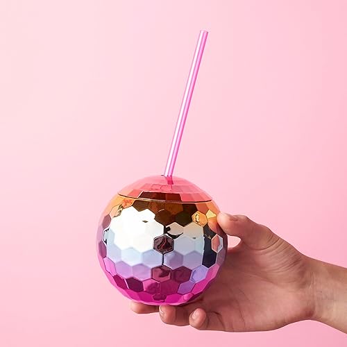 Miniatura 5 de Blush Vaso de bola de discoteca arcoíris con pajitas para fiestas, 16 onzas, lindo vaso de bebida de bola de cóctel con purpurina brillante,