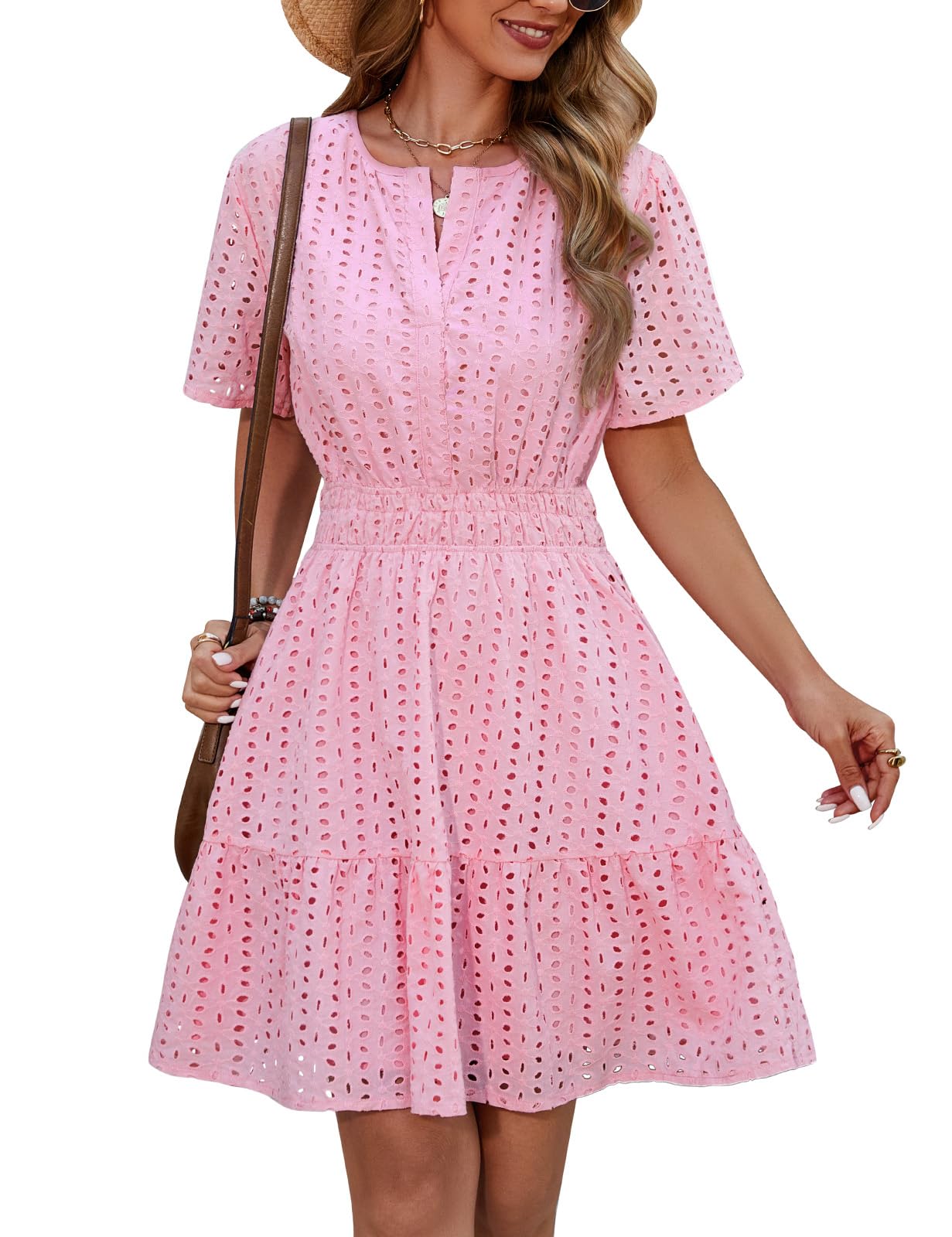 Yuson Girl Kleid Damen Sommerkleid V-Ausschnitt Kurzärmeliges Kleider Sommer Baumwolle Ausgehöhltes Minikleid Kurz Strandkleid Freizeitkleid High Waist A-Linien Sommerkleid