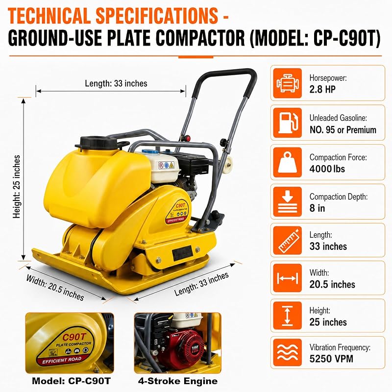 Máquina compactadora alimentada por gas, compactadora de placas de impacto de 4000 lbs, compactadora de placas vibratorias con ruedas, 33"L x 20.5"W, uso en espacios estrechos, base de carretera y refuerzo de cimentación
