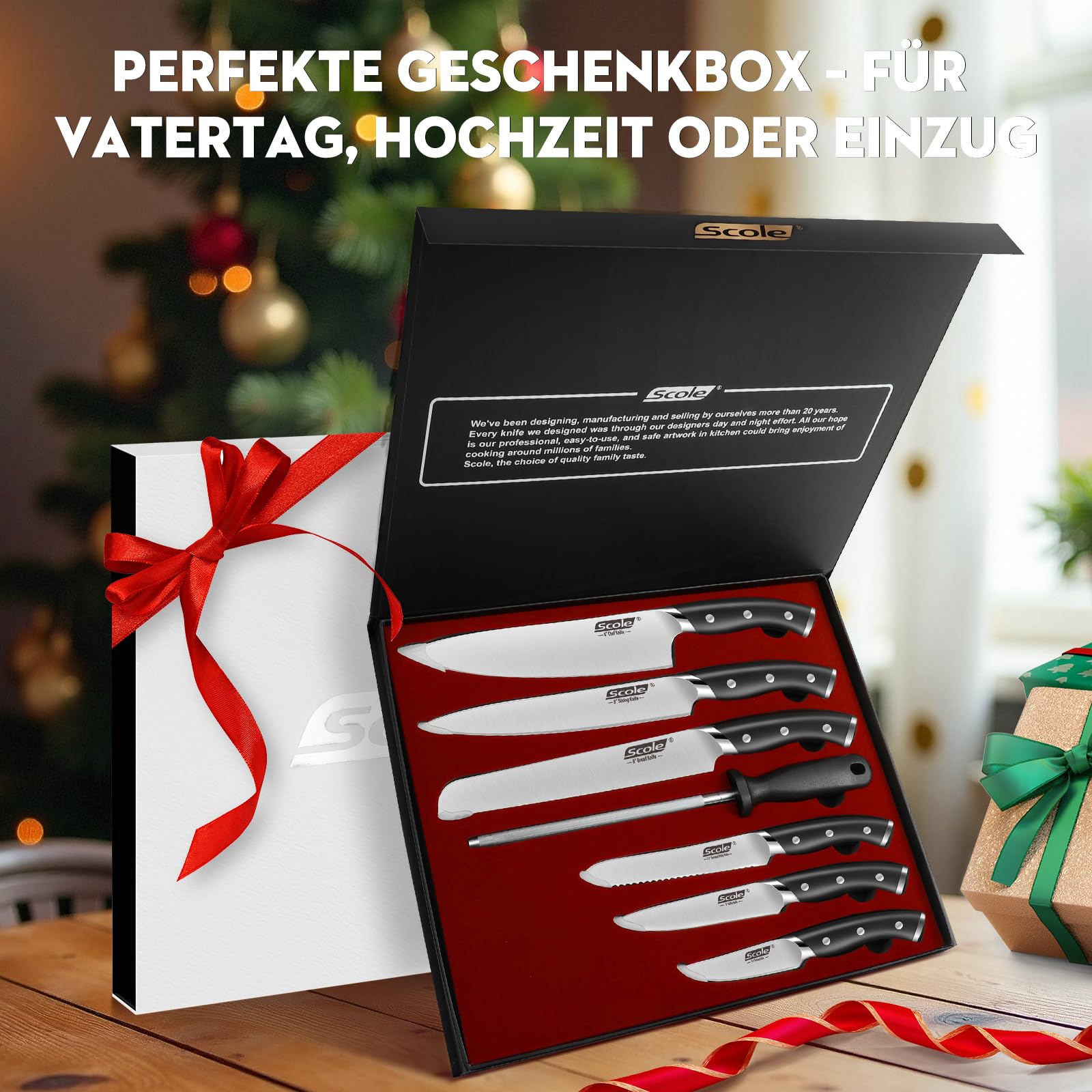 SCOLE® Messerset, Rasierscharf Küchenmesser Set 7-teilig mit Wetzstab, Messer Set, Profi Kochmesser Set Geschenkbox
