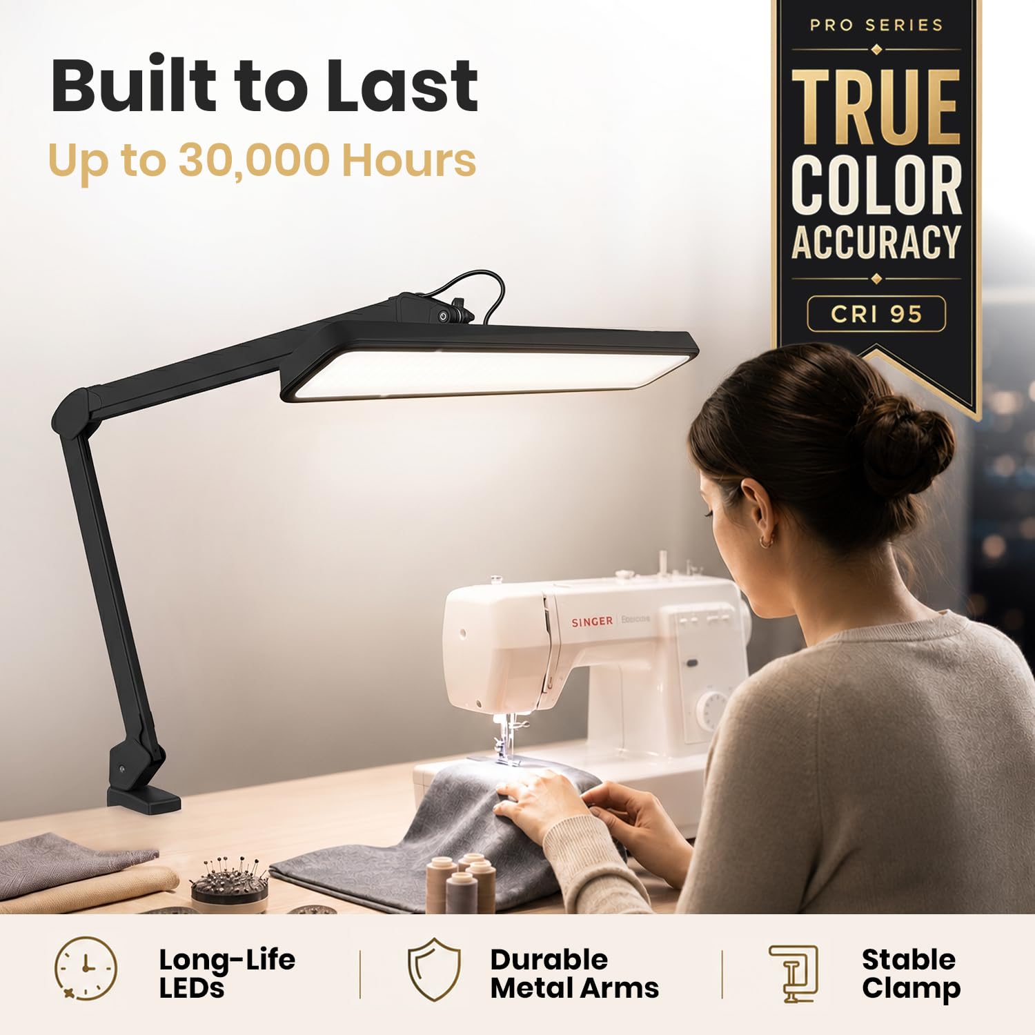Neatfi Pro Series XL Lámpara LED Profesional de Trabajo – Alta Fidelidad de Color (CRI 95) | 2.500 Lúmenes, 30 W | Cabezal Ancho de 56 cm | 5 Modos de Iluminación | Regulable | Brazo Ajustable (Negro)