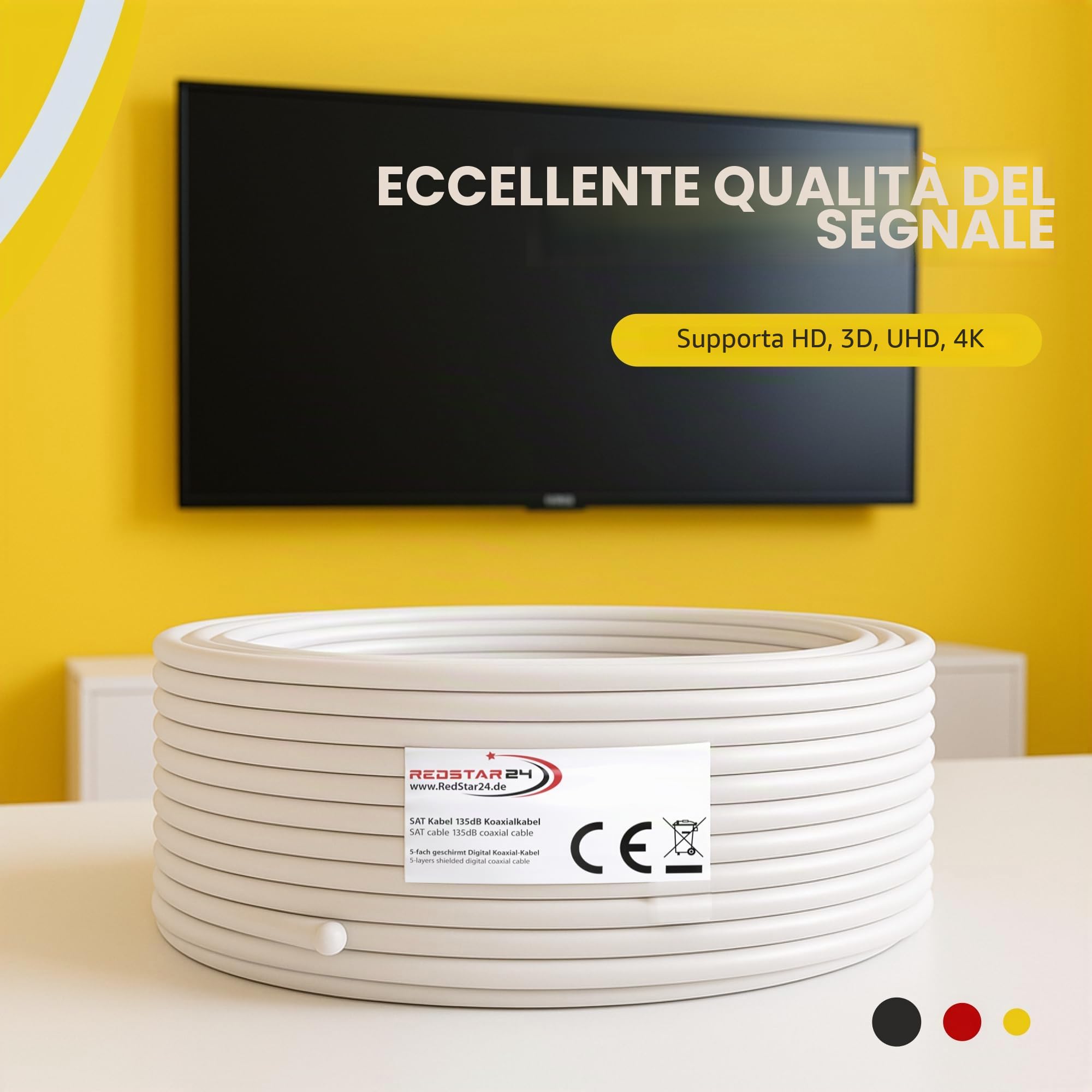 RedStar24 Cavo Coassiale SAT 30m 135dB Digitale | Classe A+ | Schermatura a 5 Strati per Ultra HD 4K DVB-S/S2, DVB-C/C2, DVB-T | Cavo Antenna Coassiale | 10 Connettori F | Bianco 30 Metri