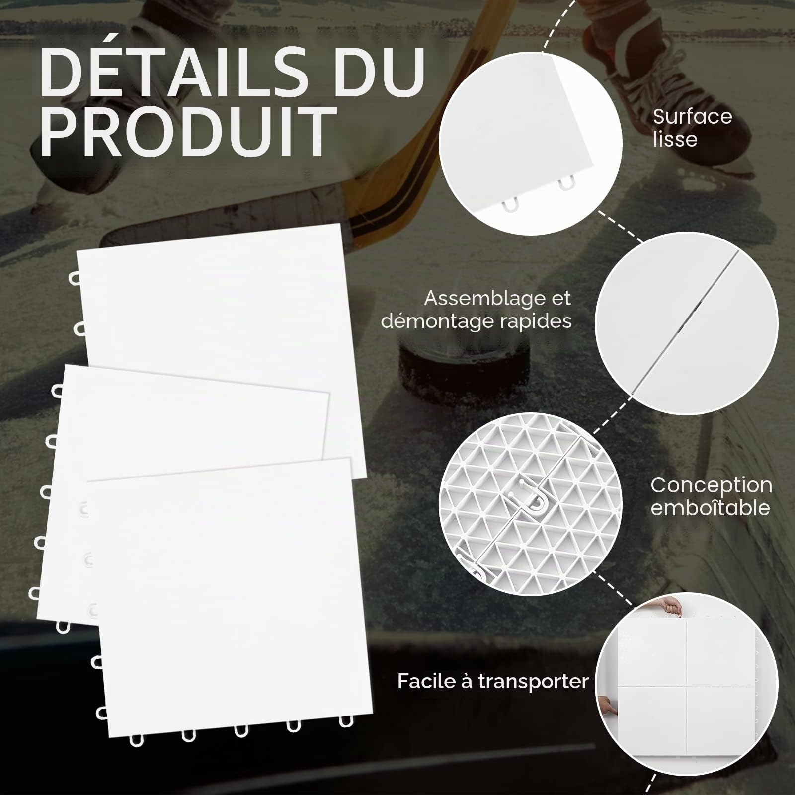 Fabbay Dryland Lot de 8 dalles de glace synthétiques pour tapis de sol de hockey – 30,5 x 30,5 cm – Équipement d'entraînement de hockey pour le tir en extérieur (blanc)
