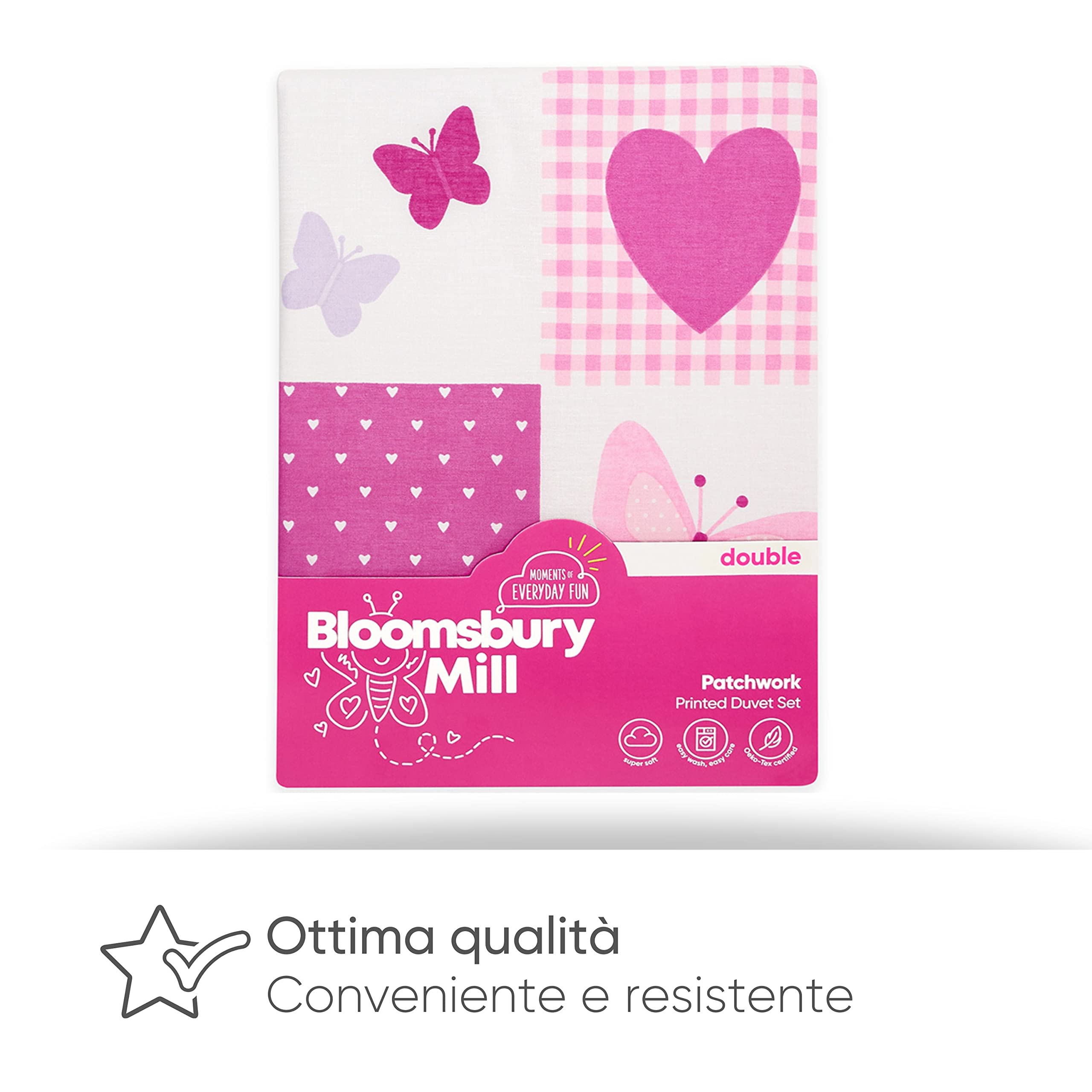 Bloomsbury Mill - Set Copripiumino Piazza e Mezza - Rosa Cuori e Farfalle - Lenzuola Letto Reversibile Per Ragazee - Set Di Biancheria Da Letto Per Bambini -Viola - 200 x 200cm e 2 Federe