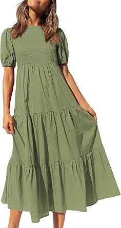 ANRABESS Women's Summer Short Sleeve Crewneck Smocked Sundress Tiered Swing A Line Beach Midi Dress with Pockets