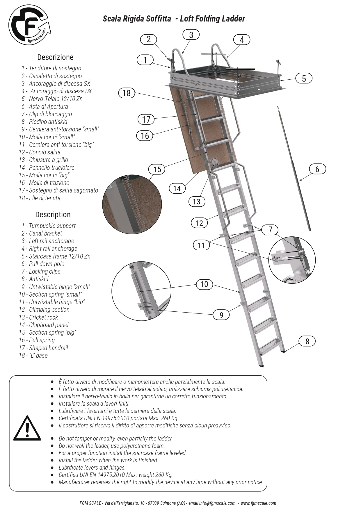 Scala Retrattile Rigida Soffitta in Acciaio Bianco | Quattro sostegni di salita sagomati | Gradino Lato 80 | Misura 80X100 H270-H300 cm