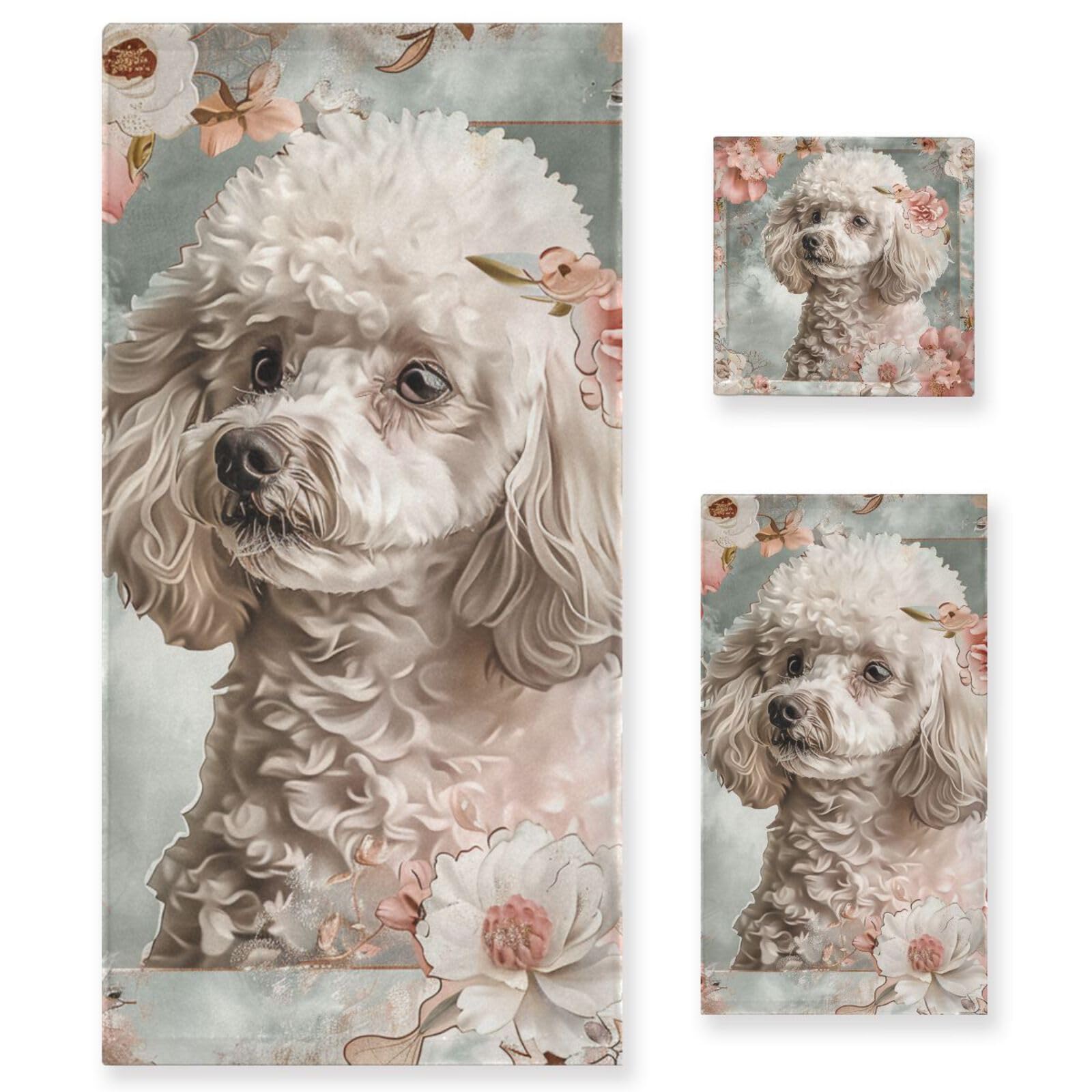 Set di 3 asciugamani morbidi in stile bohémien con fiori e cane floreale, 1 asciugamano da bagno, 1 asciugamano per le mani, 1 panno per yoga, bagno e cucina