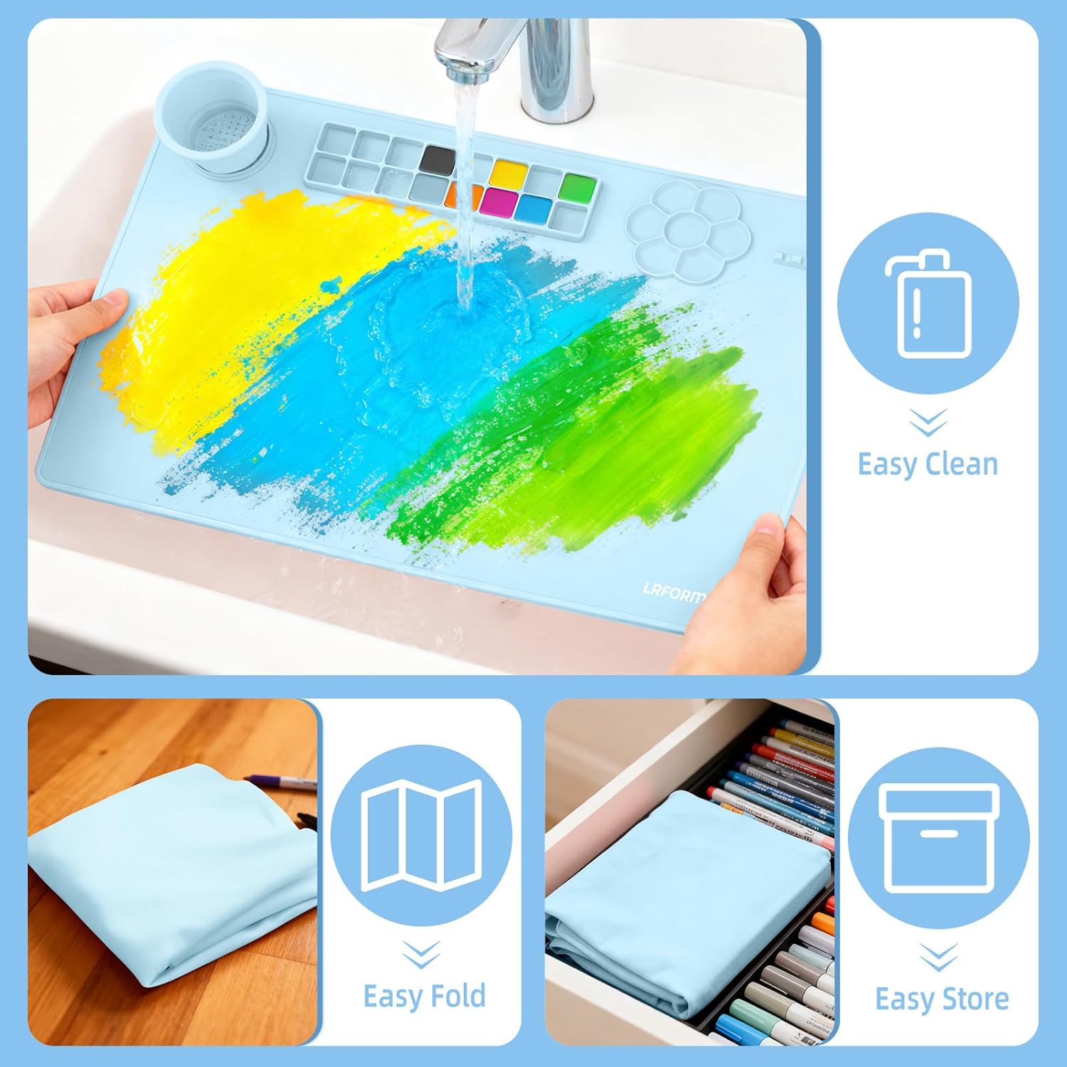 Silicone Painting Mat, 23.6 x 15.8in Art Mat with 3 Brushes, Painting Station Mats with Cup and Palette, Craft Mats to Protect Table for Kid, Clay Sheet for Watercolor, Resin DIY (Blue)