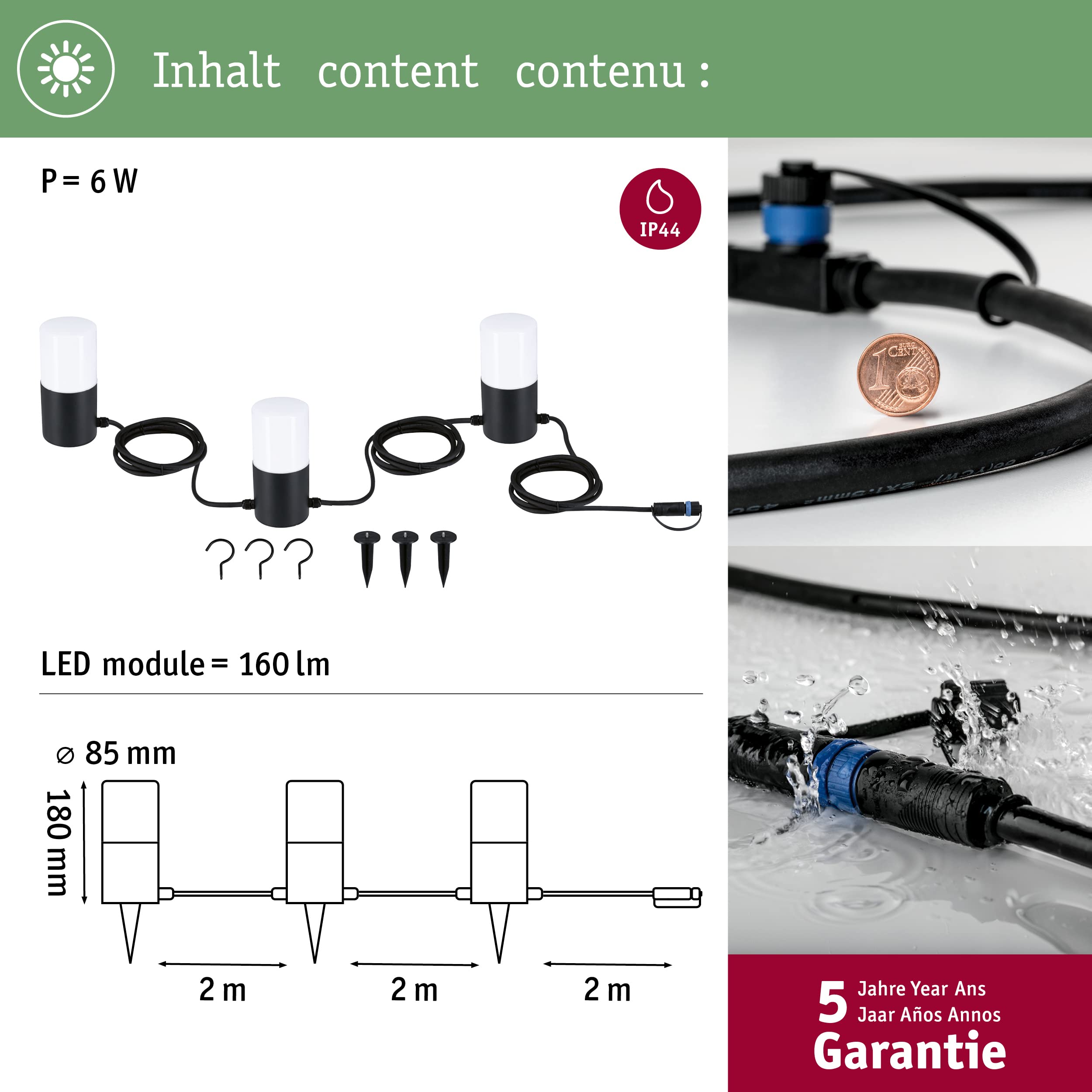 Paulmann 94761 Plug & Shine LED łańcuch świetlny Tubs IP44 3x2W 3x160lm możliwość ściemniania antracyt aluminium 3000K E14 z wymienną żarówką
