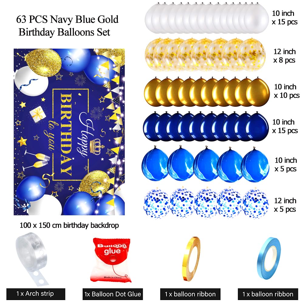 63 szt. królewski błękit złoty balony urodzinowe urodzinowe granatowe złoto tło fotograficzne baner szczęśliwych urodzin uroczystości balony dekoracje na przyjęcie urodzinowe dla mężczyzn