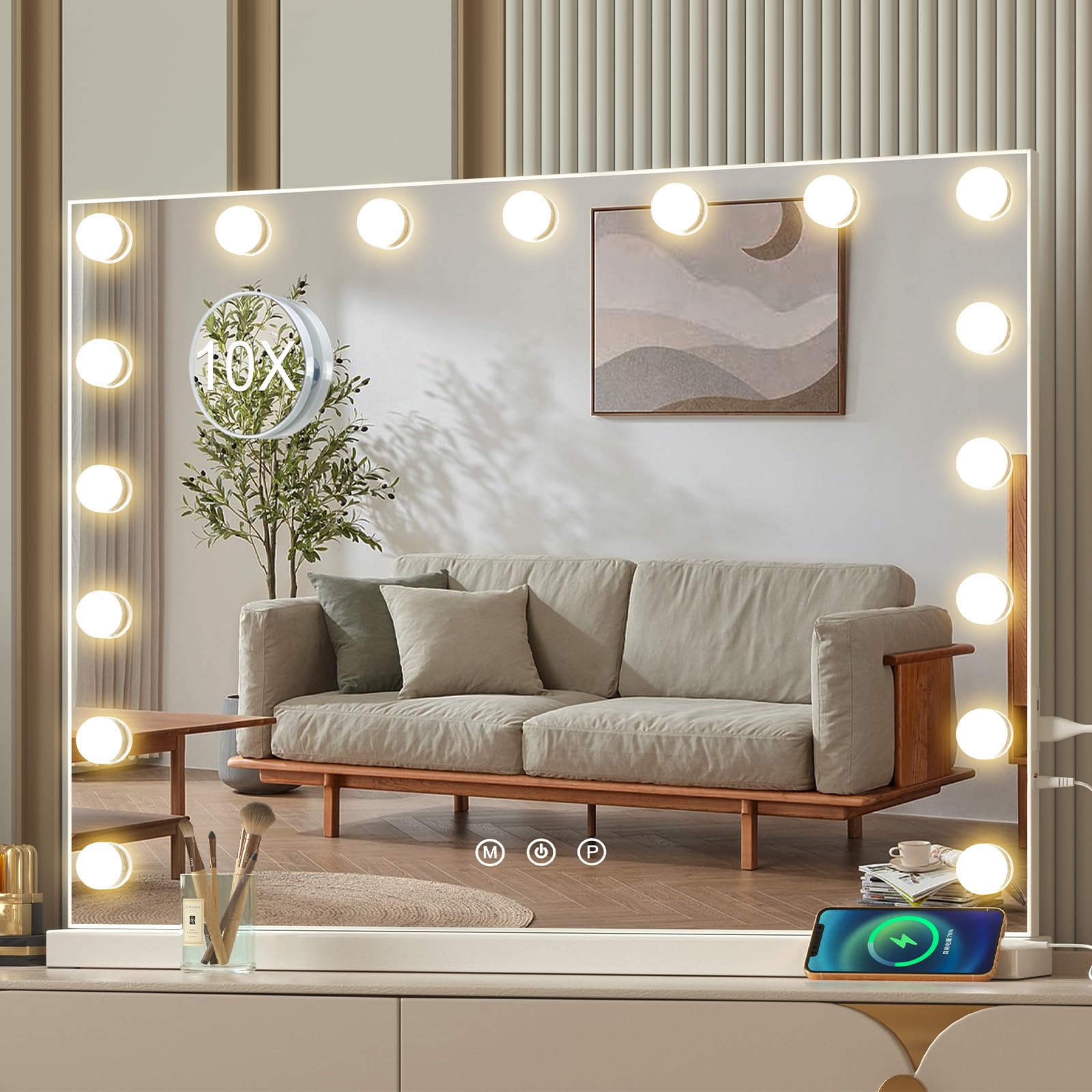 Espejo de Maquillaje con 17LED - Espejo Iluminado Estilo Hollywood con 3 Modos de luz Ajustable, Control táctil, Espejo de tocador, 70 x 55 cm