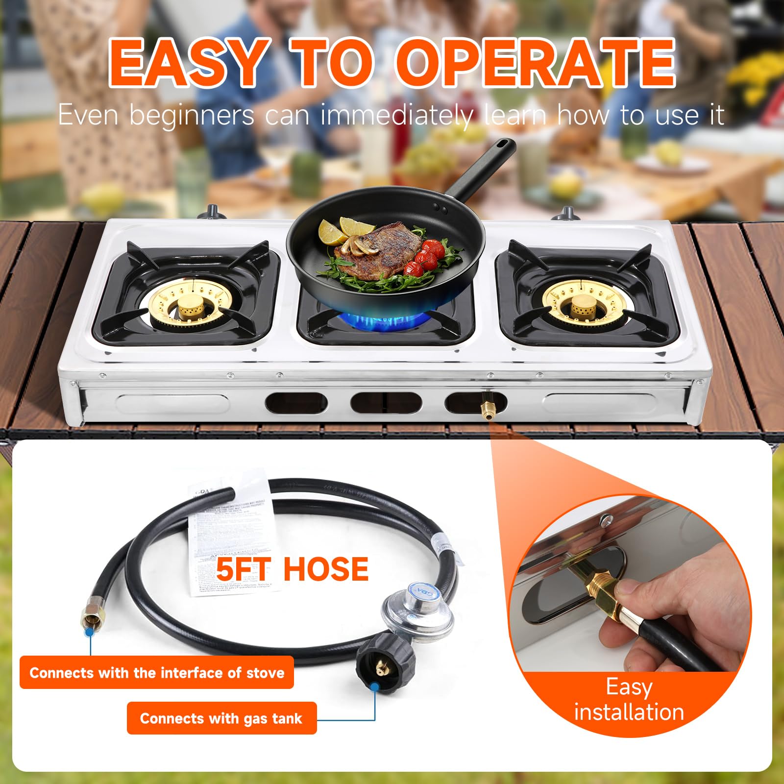 Plaque de Cuisson Gaz 3 Feux Portable, Réchaud a Gaz Intérieur Compatible GPL, Table de Cuisson à Gaz Pour Cuisine Maison, Camping, Jardin Professionnel