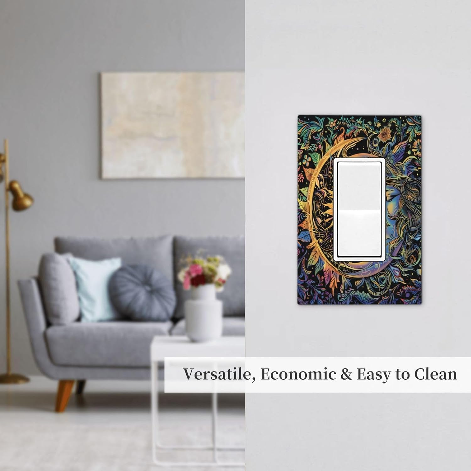 Sun and Moon Boho Flower Single Rocker Light Switch Cover Vintage Aesthetic Decorative 1 Gang Wall Plates Electrical Outlet Covers for Bathroom Bedroom Living Home Decor Accessories 5" x 3"