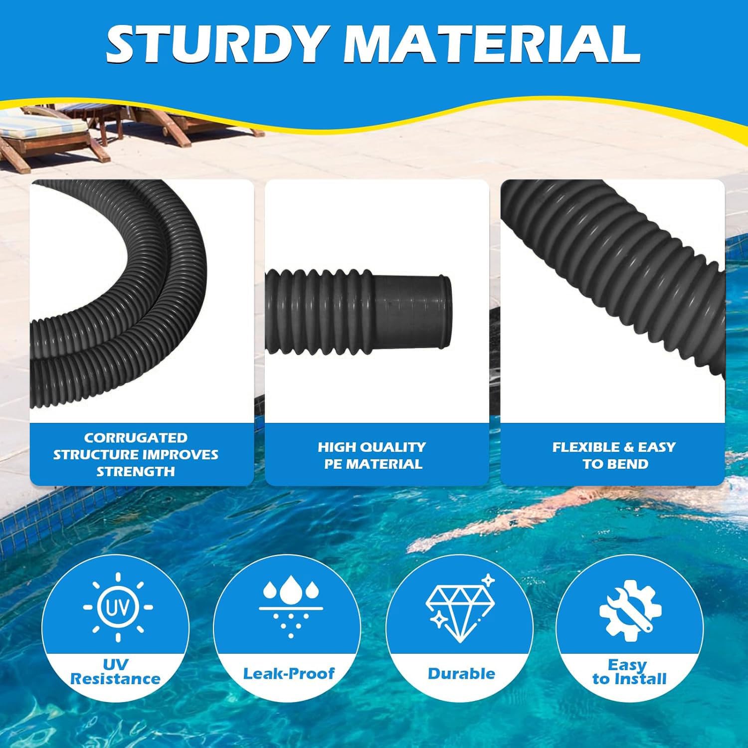 2 Stück Poolschlauch 32mm,150cm Saugschlauch,Schwimmbadschlauch 32 mm | Schlauch für Poolpumpe,Poolpumpe schlauch mit 4 Stück Sicherungsclip Und 1 Stück Schlauchverbinder