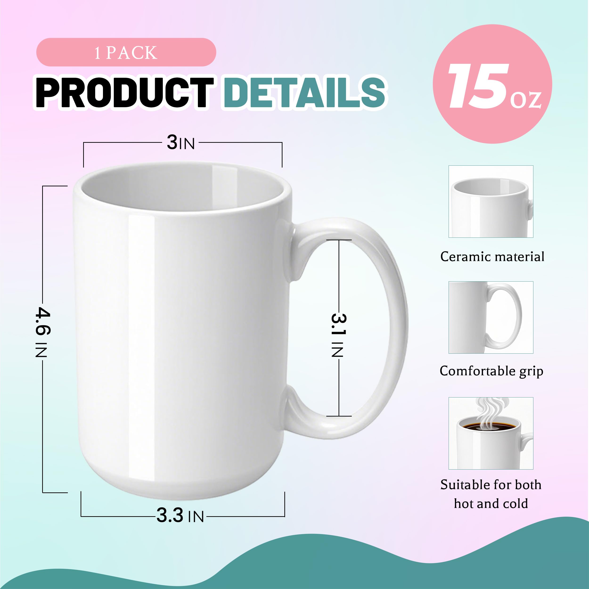 Joyclub 1 juego de tazas de sublimación en blanco de 15 onzas, tazas de cerámica blanca a granel con asa, tazas para sublimar para café, té, leche, sopa, regalos de bricolaje