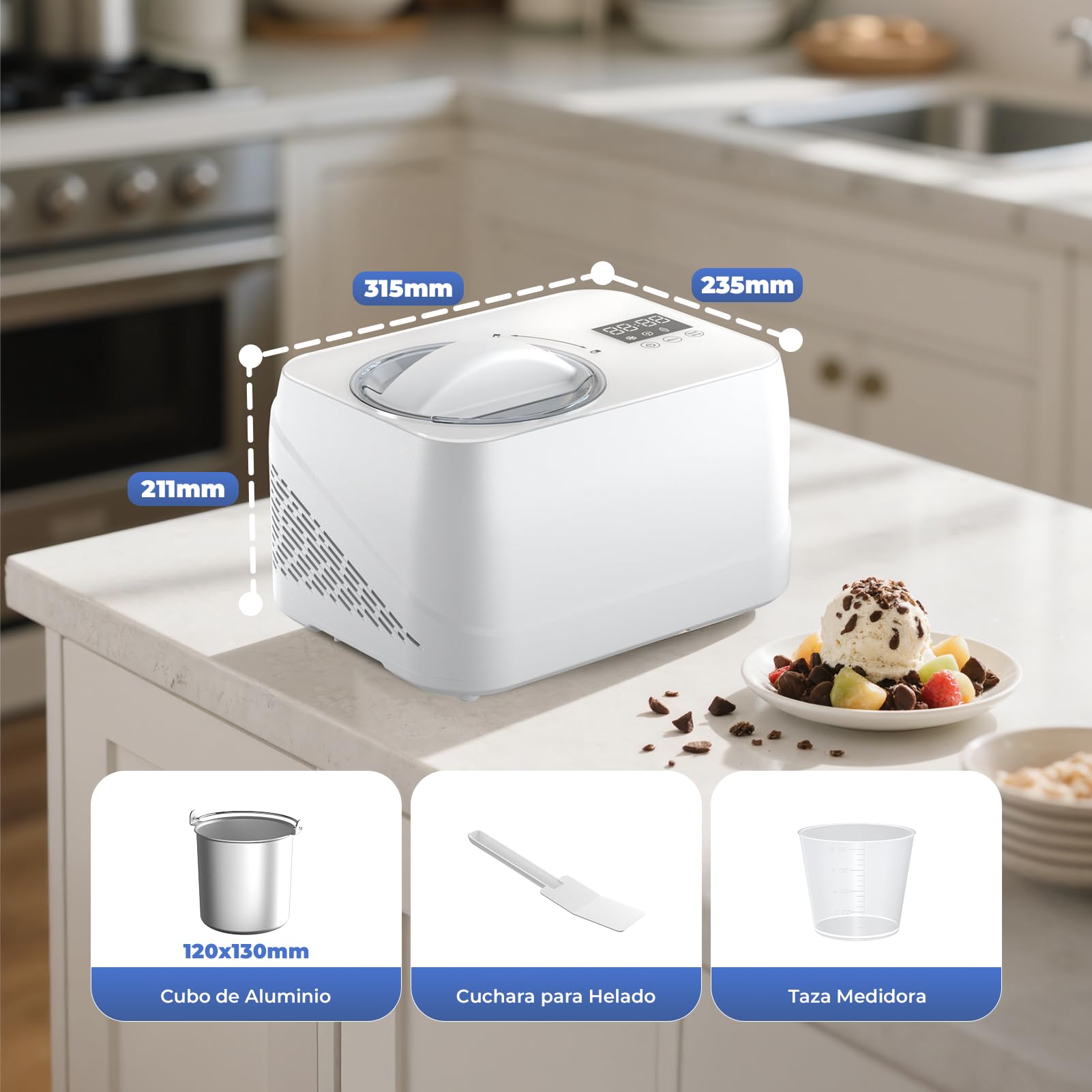 Heladera con Compresor, Maquina de Hacer Helados Doméstico Sin Precongelación 1L, Heladera Eléctrica con Cubo de Aluminio Extraíble/Receta/Espátula/Medidor, Blanco