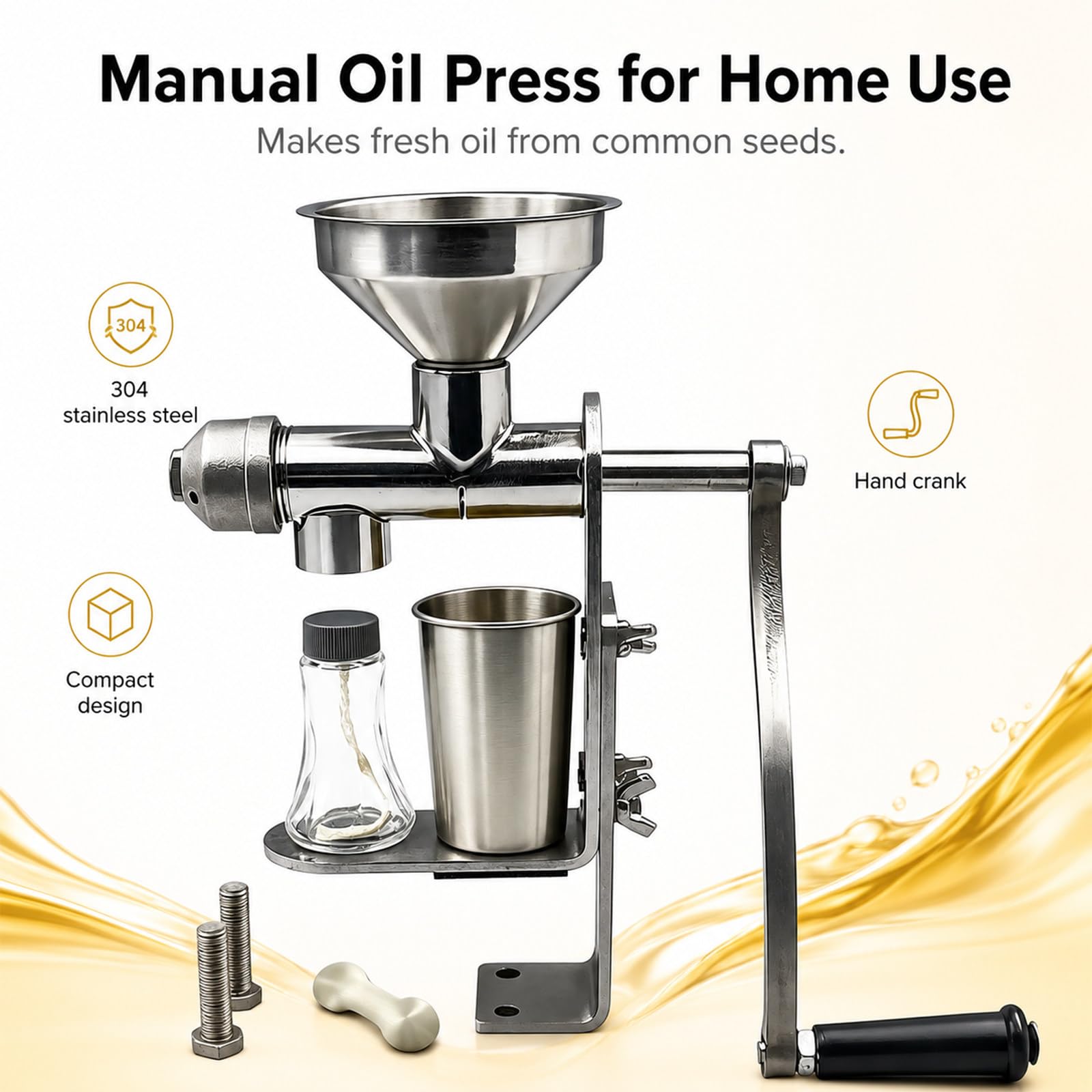 Prensa de Aceite Manual, Acero Inoxidable 304, prensado en frío | Para cacahuetes, sésamo, colza, girasol y semillas de té. Soporte de sobremesa con abrazadera resistente y colector.