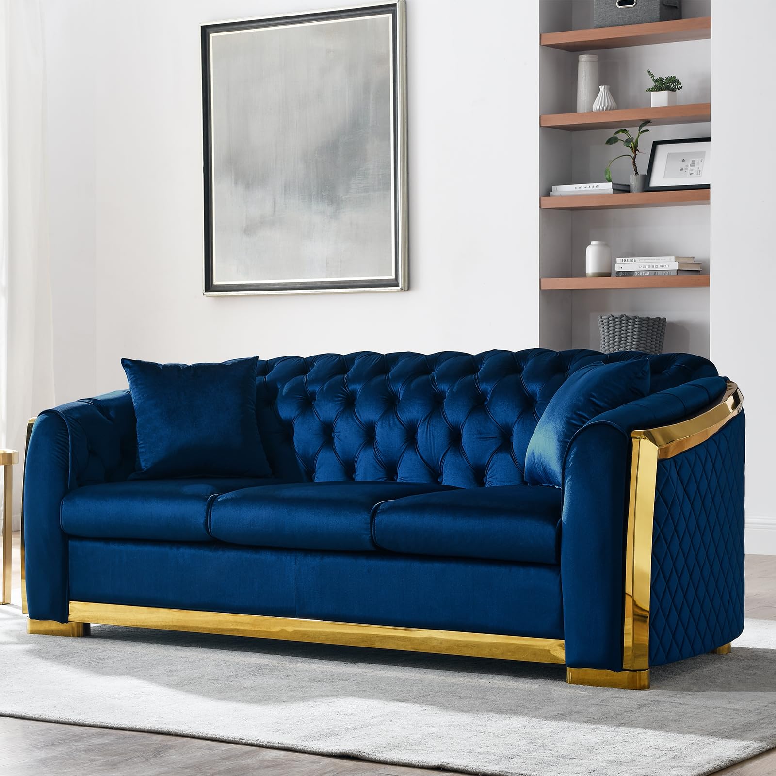 WIN FORCE 81 Inches Luxury 3-Seater Button Tufted Sofa with Gold Stainless Steel Accents, Curved Armrest Design, Plush Velvet Upholstery Couch,