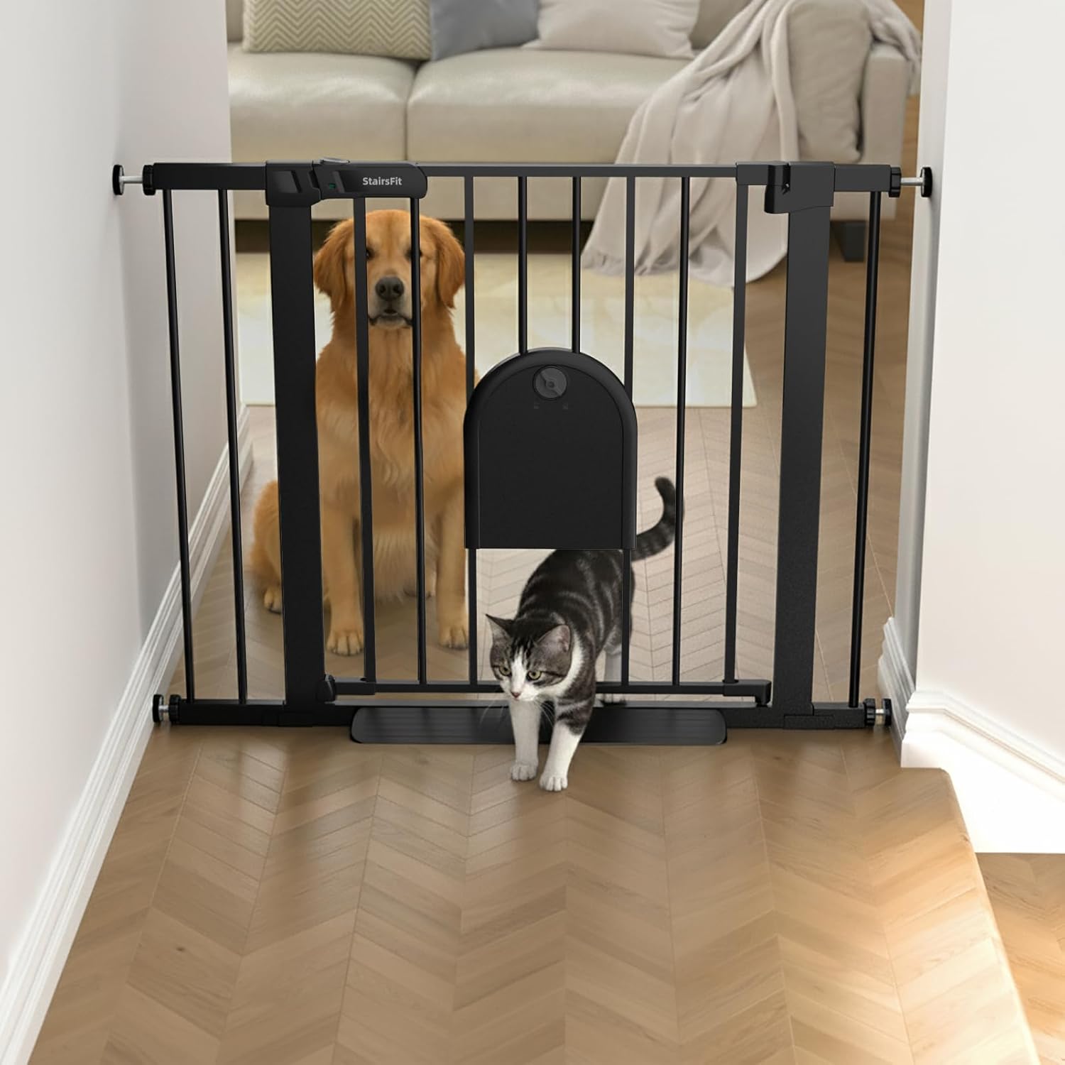 29.5"-40.5" Wide Baby Gate with Adjustable Cat Door for Stairs & Doorways - No Drilling, Easy Install 30.5" Tall, Auto-Close Metal Gate, Pressure Mounted - Indoor Safety Gate for Kids and Pets, Black
