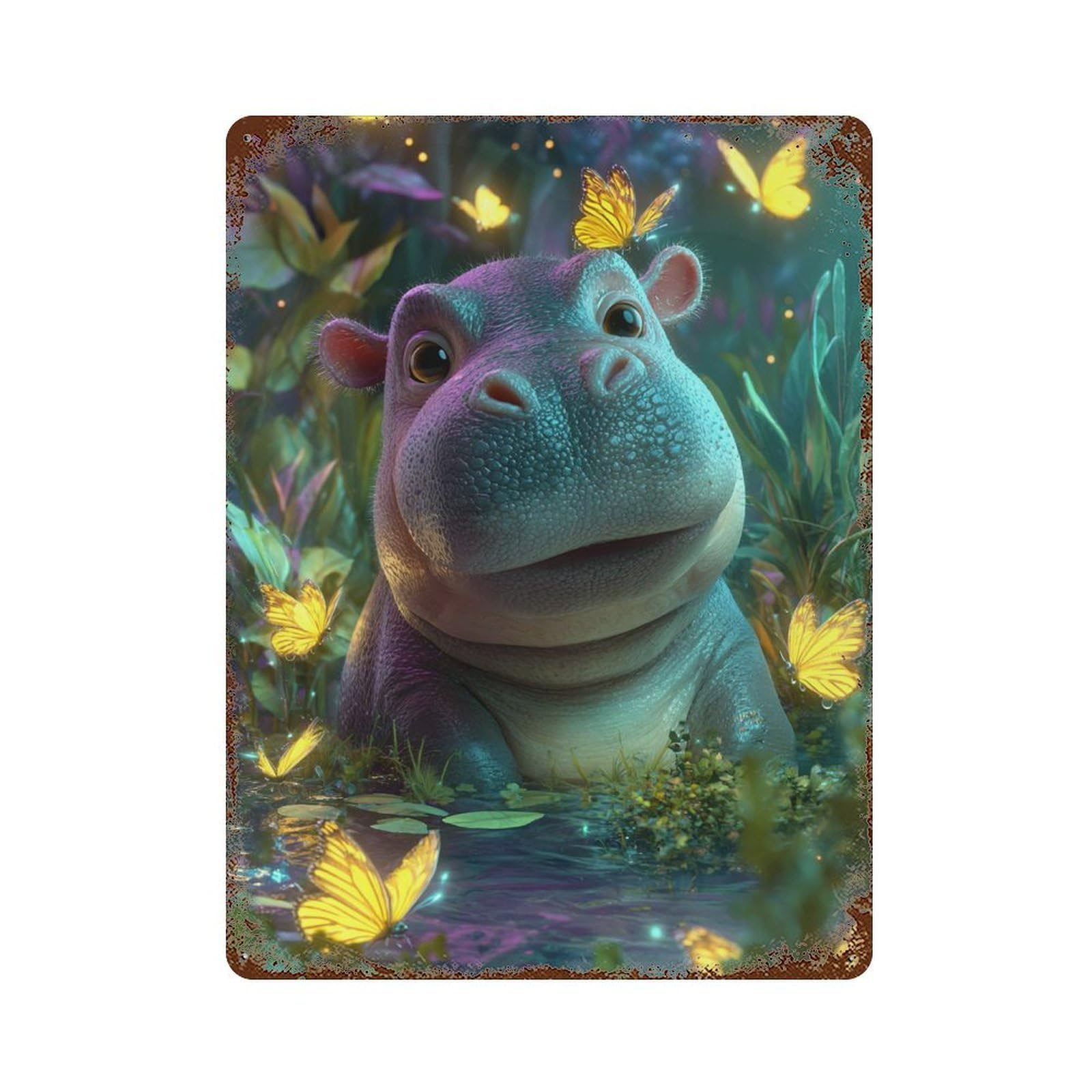 Jungle Hippo with Butterflies Retro Metal Sign 15.7"x11.8", Farmhouse Wall Decor for Garage, Pub Or Kitchen