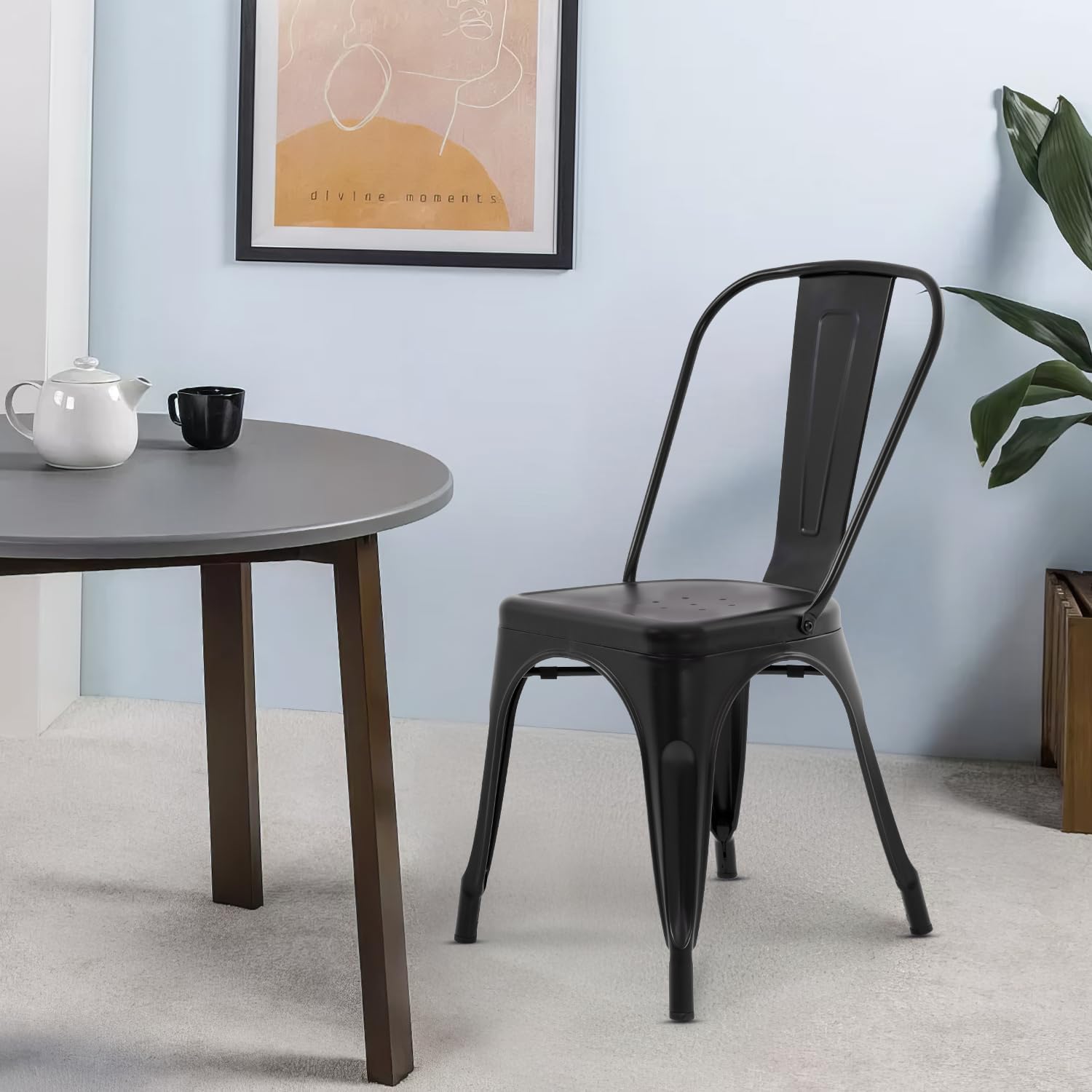 Dopinmin Modern Black Metal Dining Chairs Set of 4, Stackable, Indoor/Outdoor Patio Chairs, 18' Seat Height