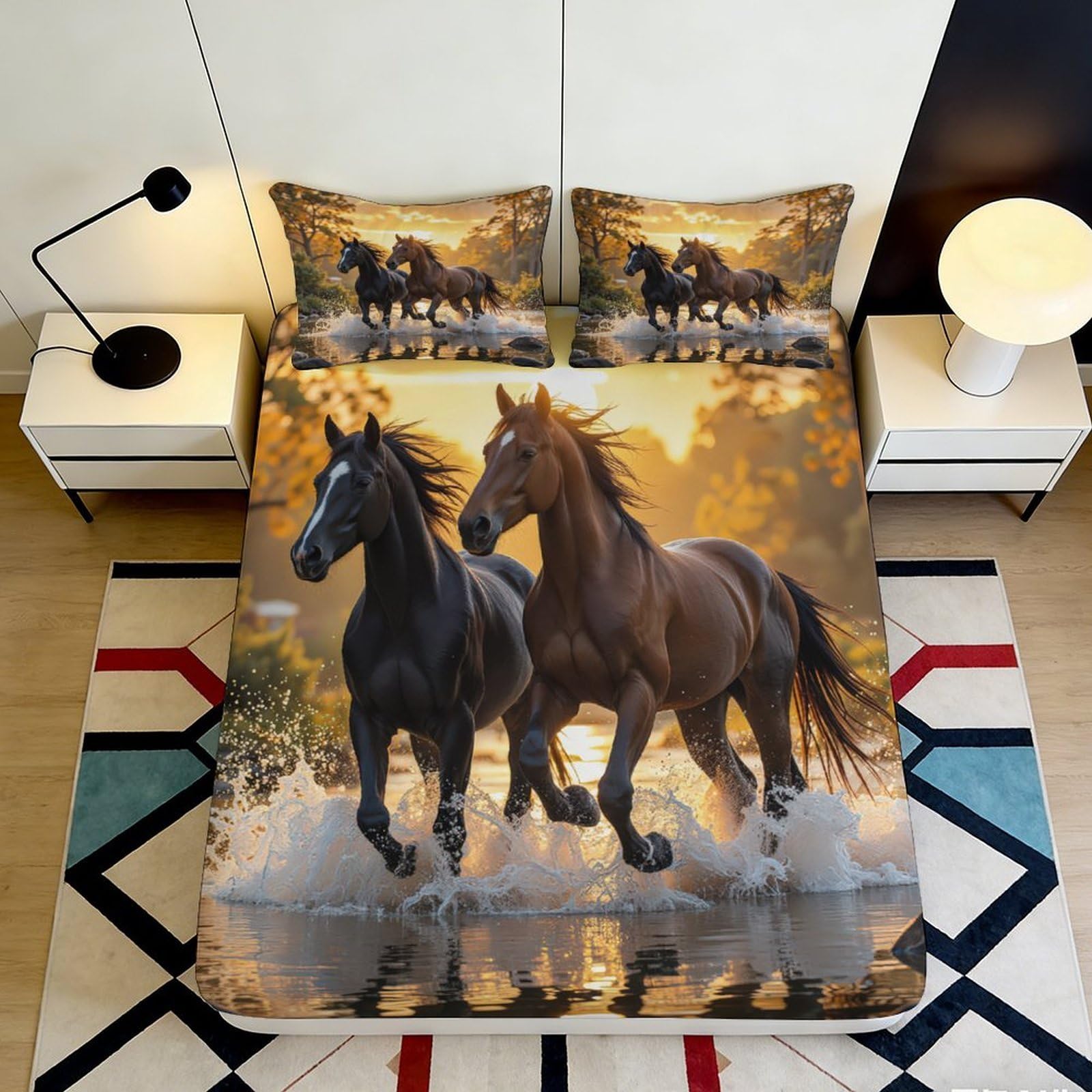 3D Printed Galloping Horse Fitted Sheet Microfiber Soft Brown Black Running Horses Bed Cover for Bedroom Dorm Decor 90x200x25cm