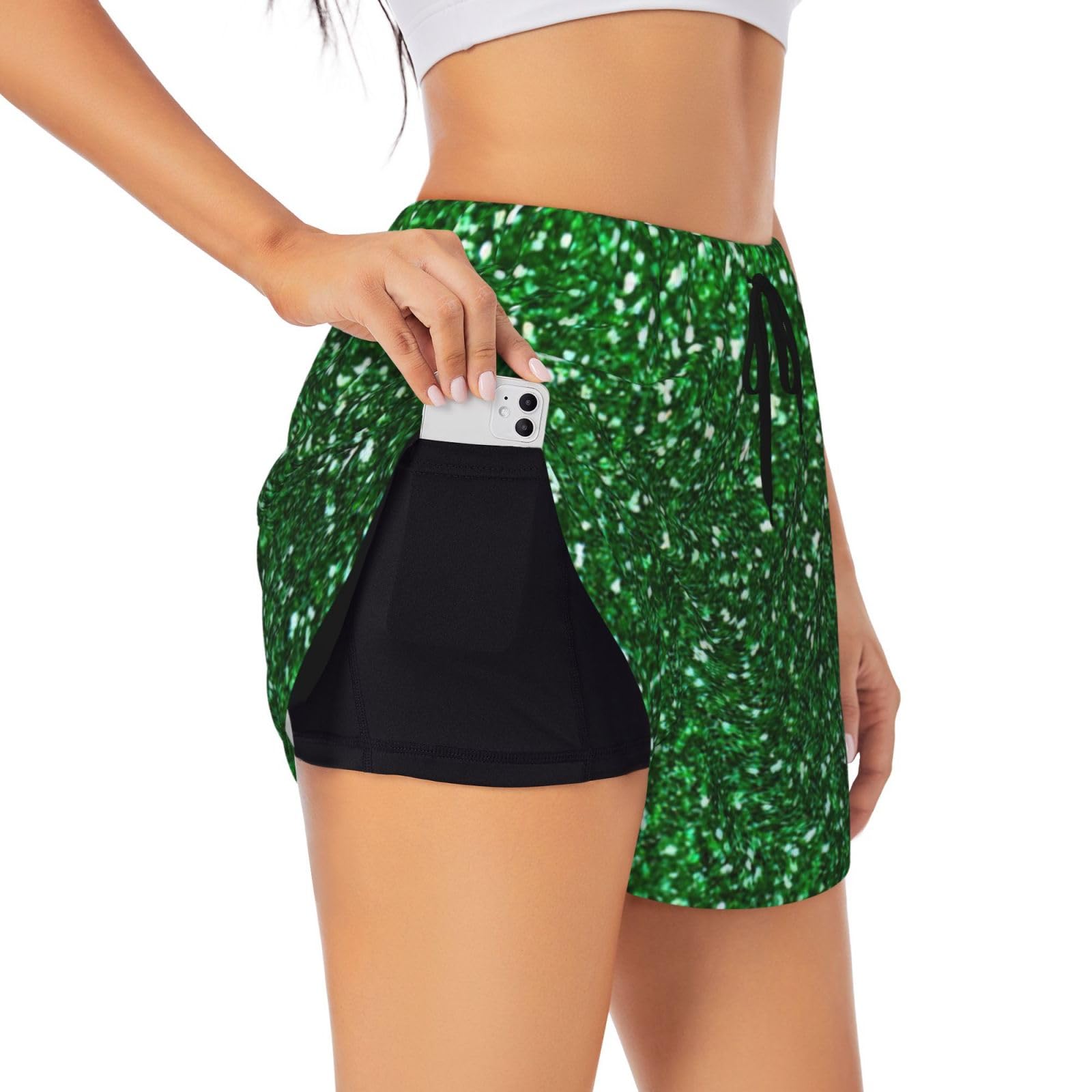DRTGEDS Green Sequin Sparkle Womens 2 In1 Running Athletic Workout Yoga Shorts with Pockets S M L XL XXL XXXL