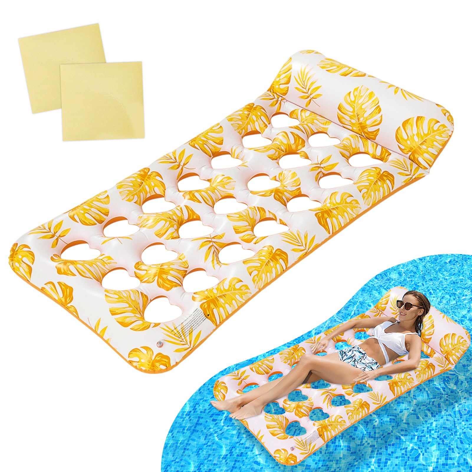 浮き輪 大人用 ウォーター ハンモック 水上 フロート マット プール 浮き具 ボート 水遊び ビーチ インフレータブル フロート マット フローティング ベッド プール マルチカラー 修復パッチ 2枚付き (イエロー)