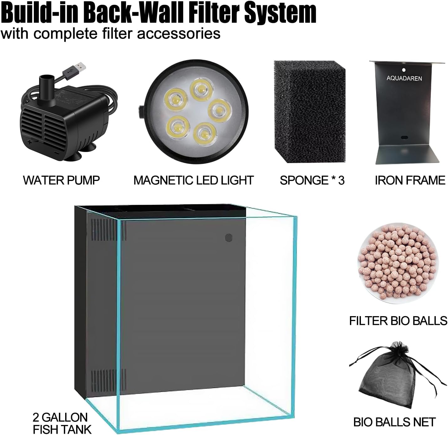 Fish Tank, 2.5 Gallon Glass Aquarium Iron Bracket & Magnetic Light, with Complete Back Filteration System (7.8''L x 7.8''W x 9''H)