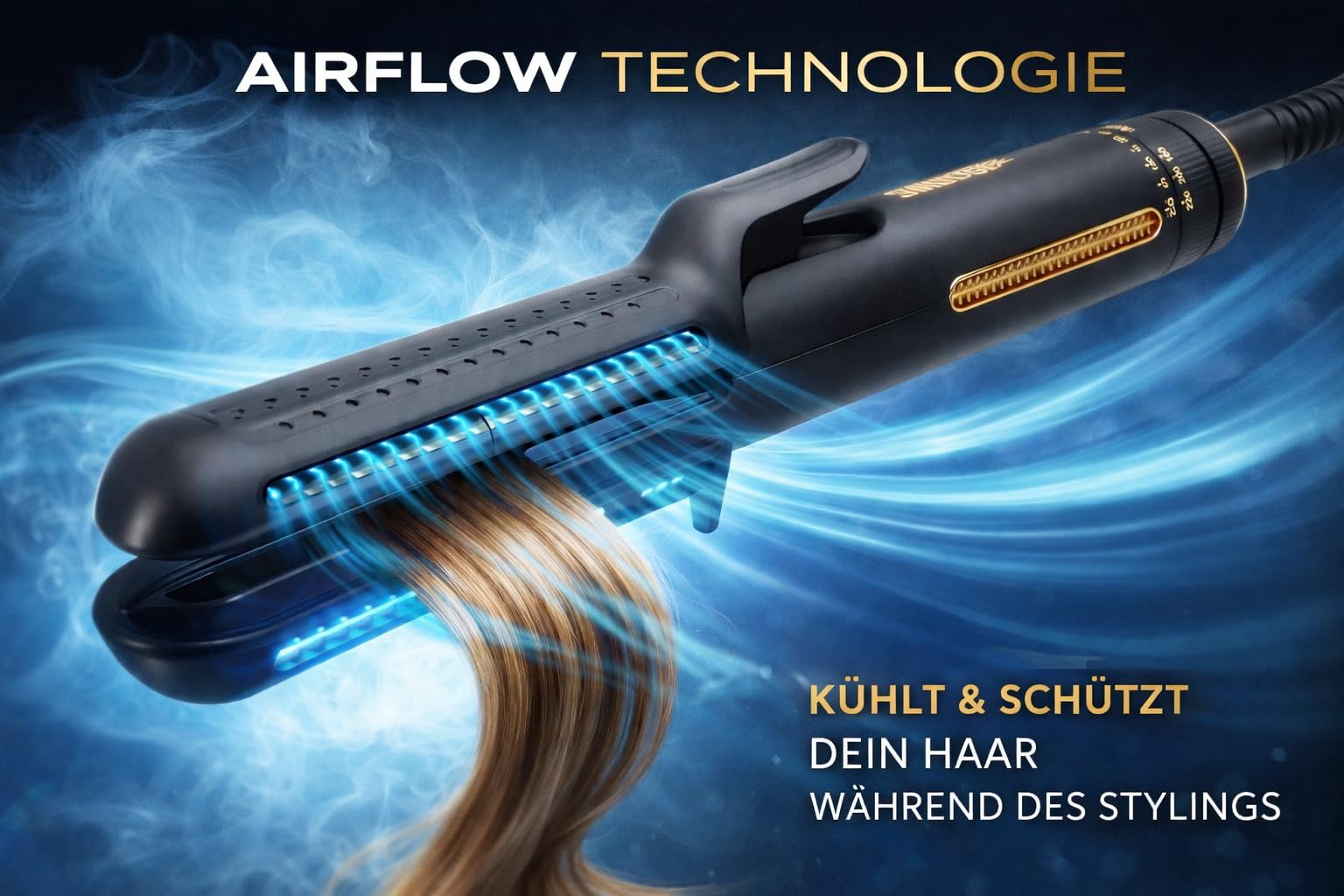 Rotschopf24 Efalock Stylair Classic Glätteisen, Locken/Wellen + Tasche | 2in1 Haarglätter für glattes Haar, Locken und Wellen. Airflow mit Hitze und Kaltluft, Keramikplatten 140–220 °C. 42W