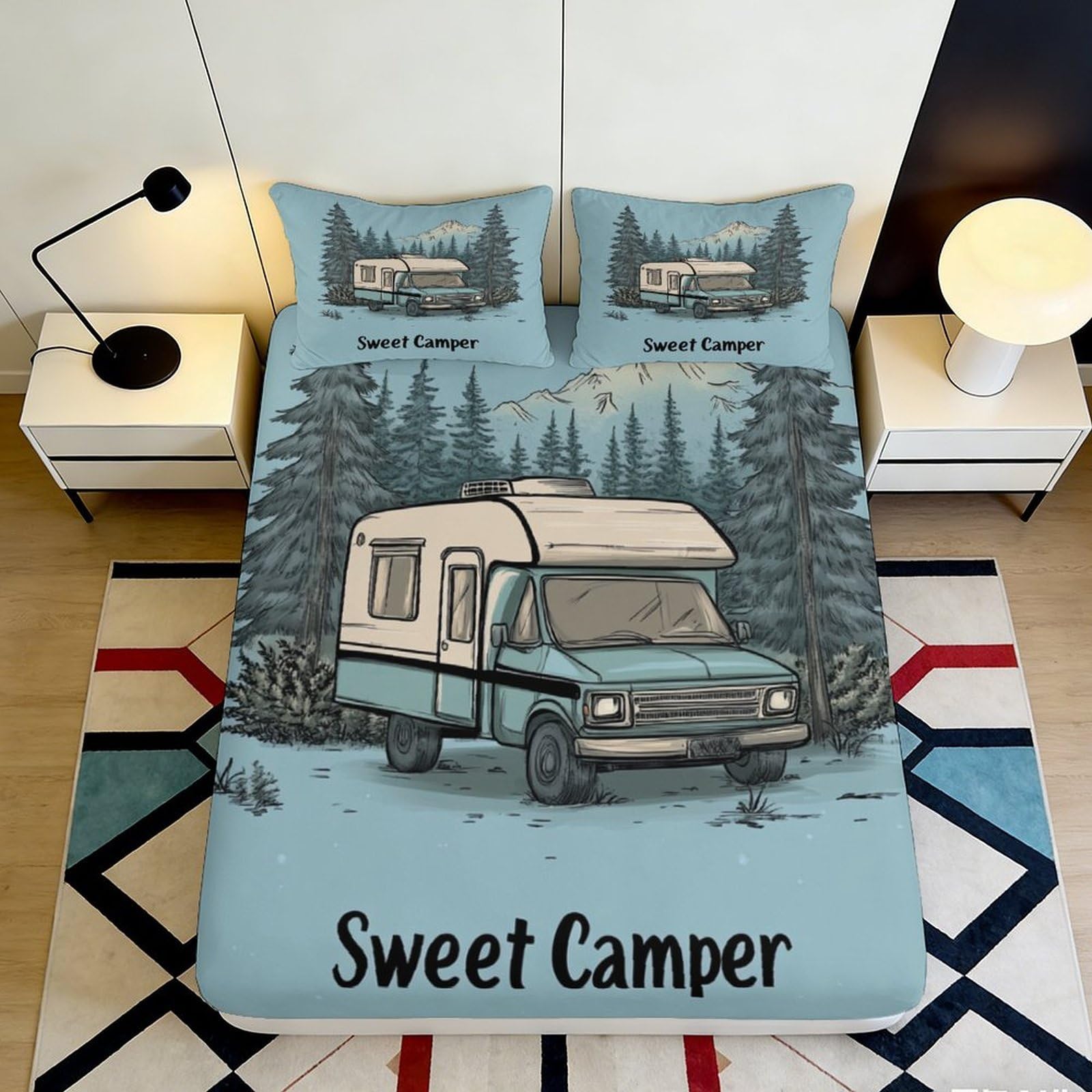 3D Printed Sweet Camper Fitted Sheet Microfiber Soft Durable Blue Bed Sheet with RV Forest Design Mattress Cover for Bedroom Dormitory Guest Room 120x200x25cm