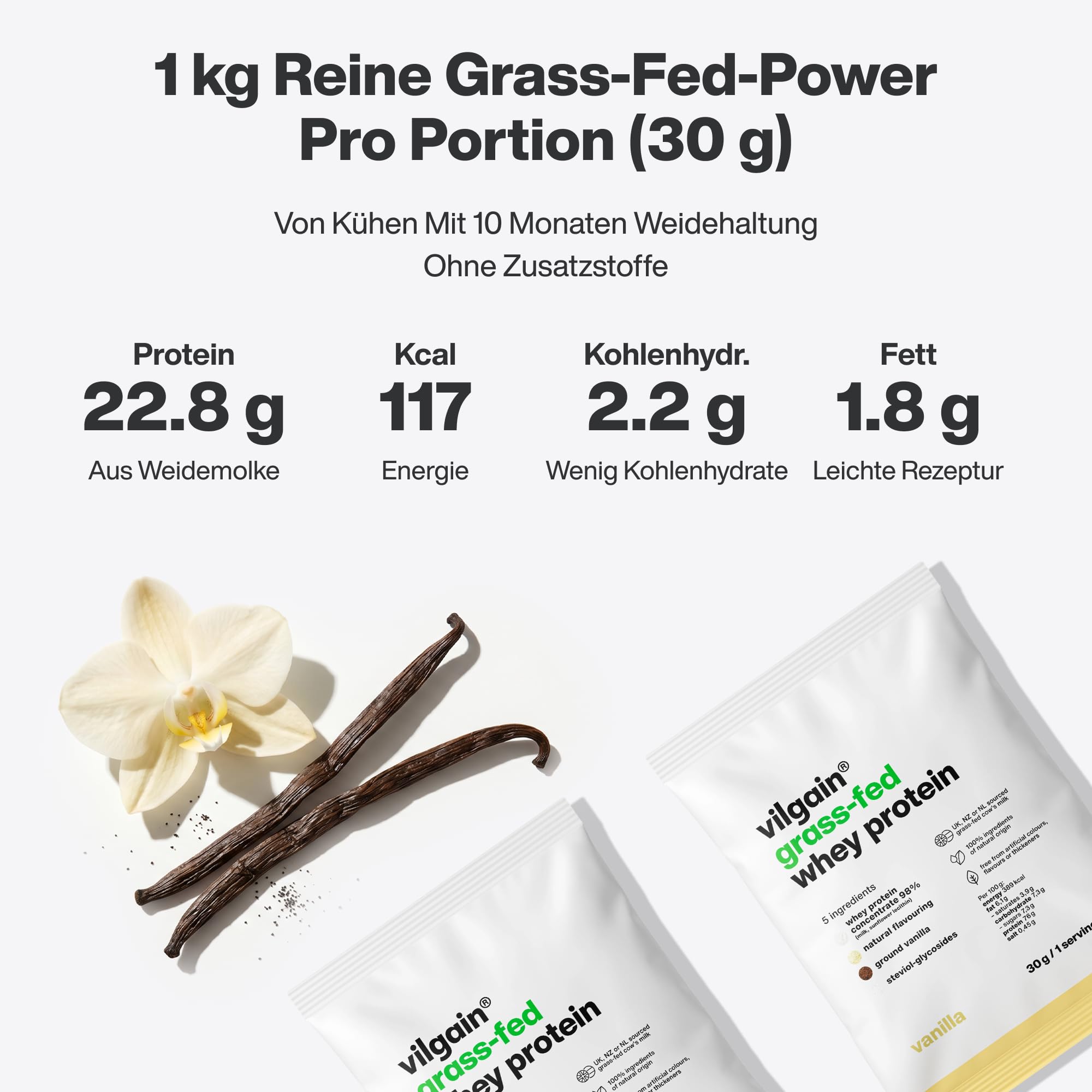 Vilgain Grass-Fed Whey Protein (1000g) Vanille, Eiweißpulver Konzentrat aus Weidemilch, Gesüßt mit Stevia, Ohne Zuckerzusatz, Ultrafiltriertes Protein Pulver für Shakes, 1 kg
