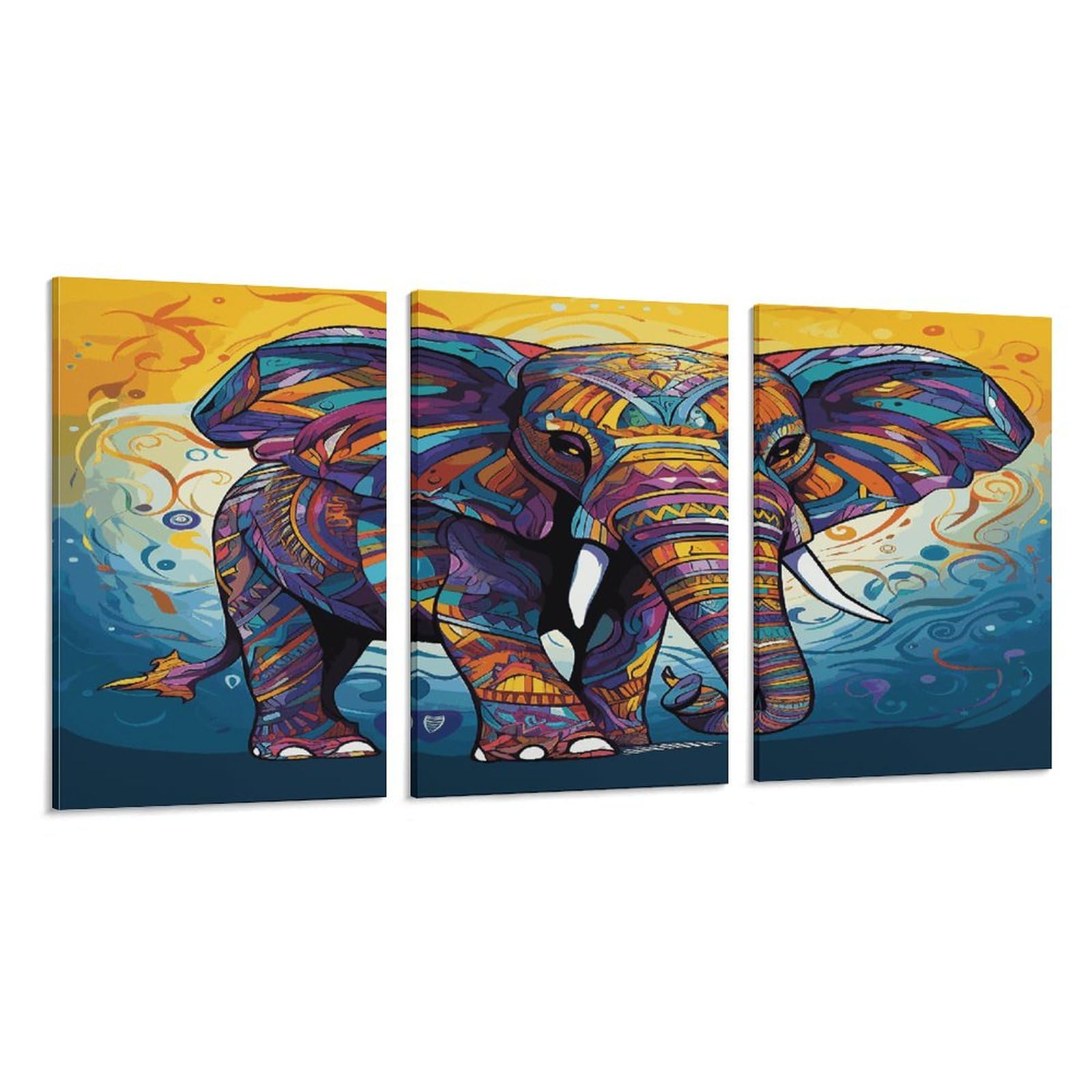 Tableau éléphant coloré triptyque vertical, décoration murale de salon