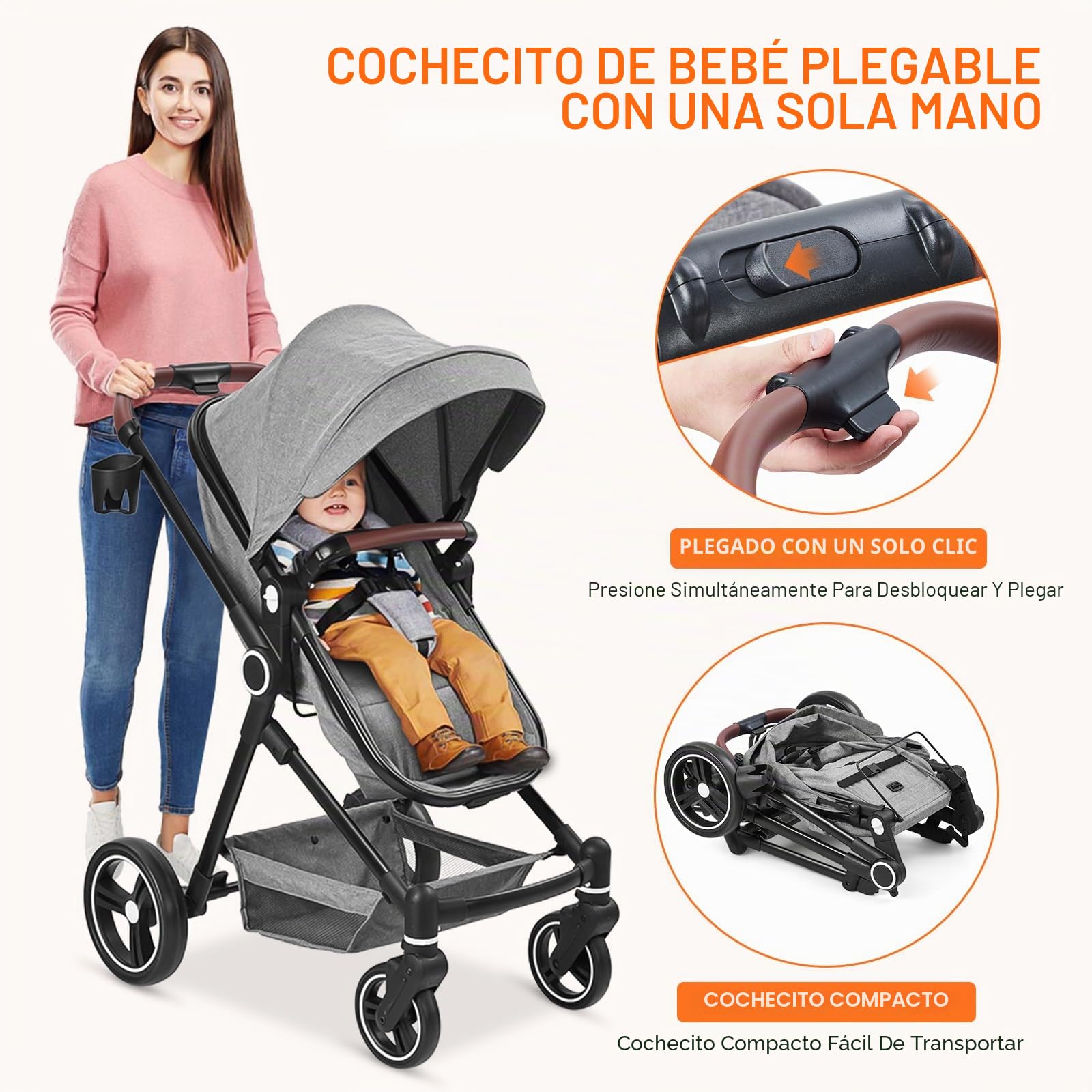 Cochecito 2 en 1, compacto y ligero, plegable, con asiento reclinable, capazo ajustable, para todo tipo de terrenos, 0-3 años (Gris)