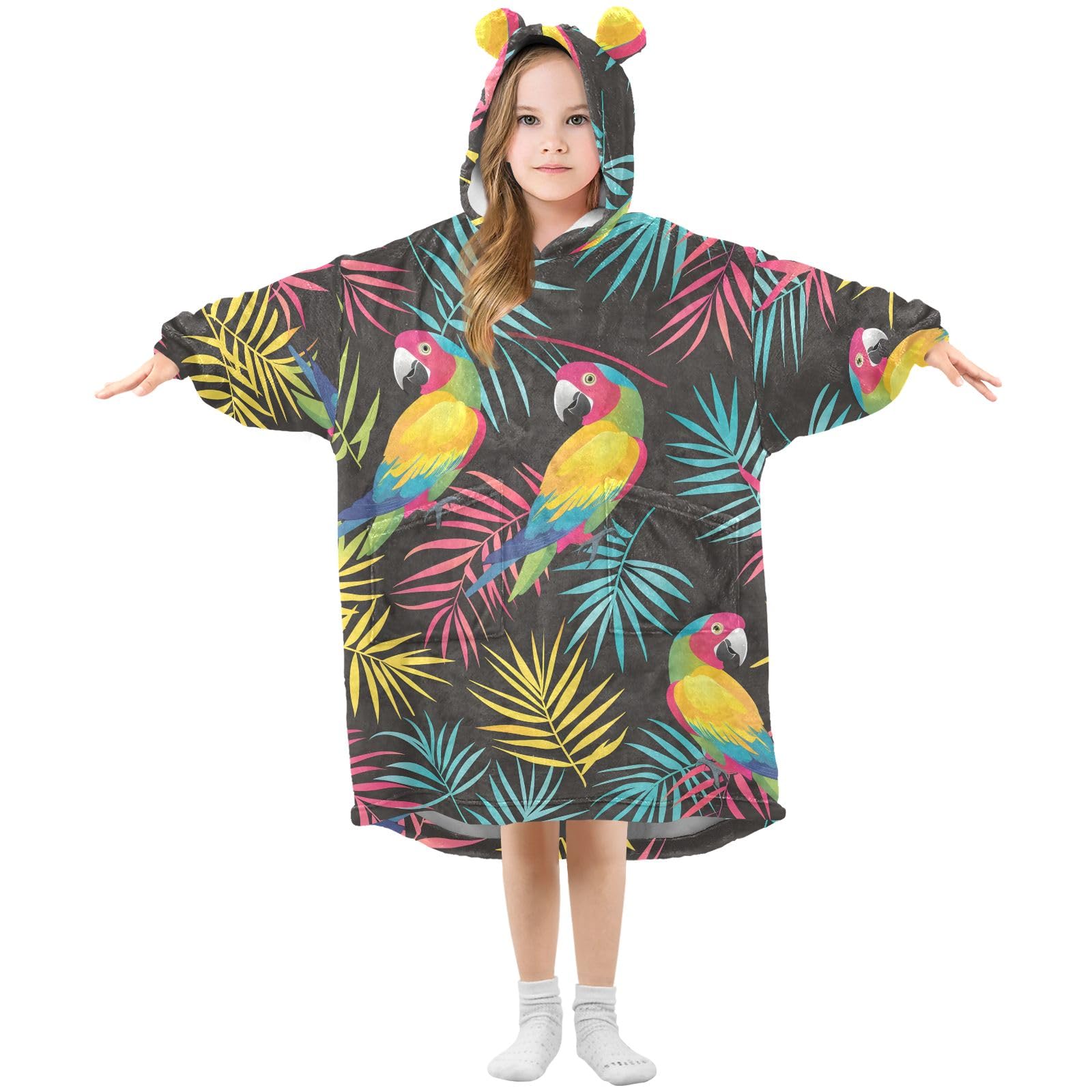 Kinder-Bademantel mit Kapuze und Papageienvögeln, weicher Flanell-Bademantel mit Ohren und Taschen, warme Nachtwäsche für Kleinkinder, Jungen, Mädchen