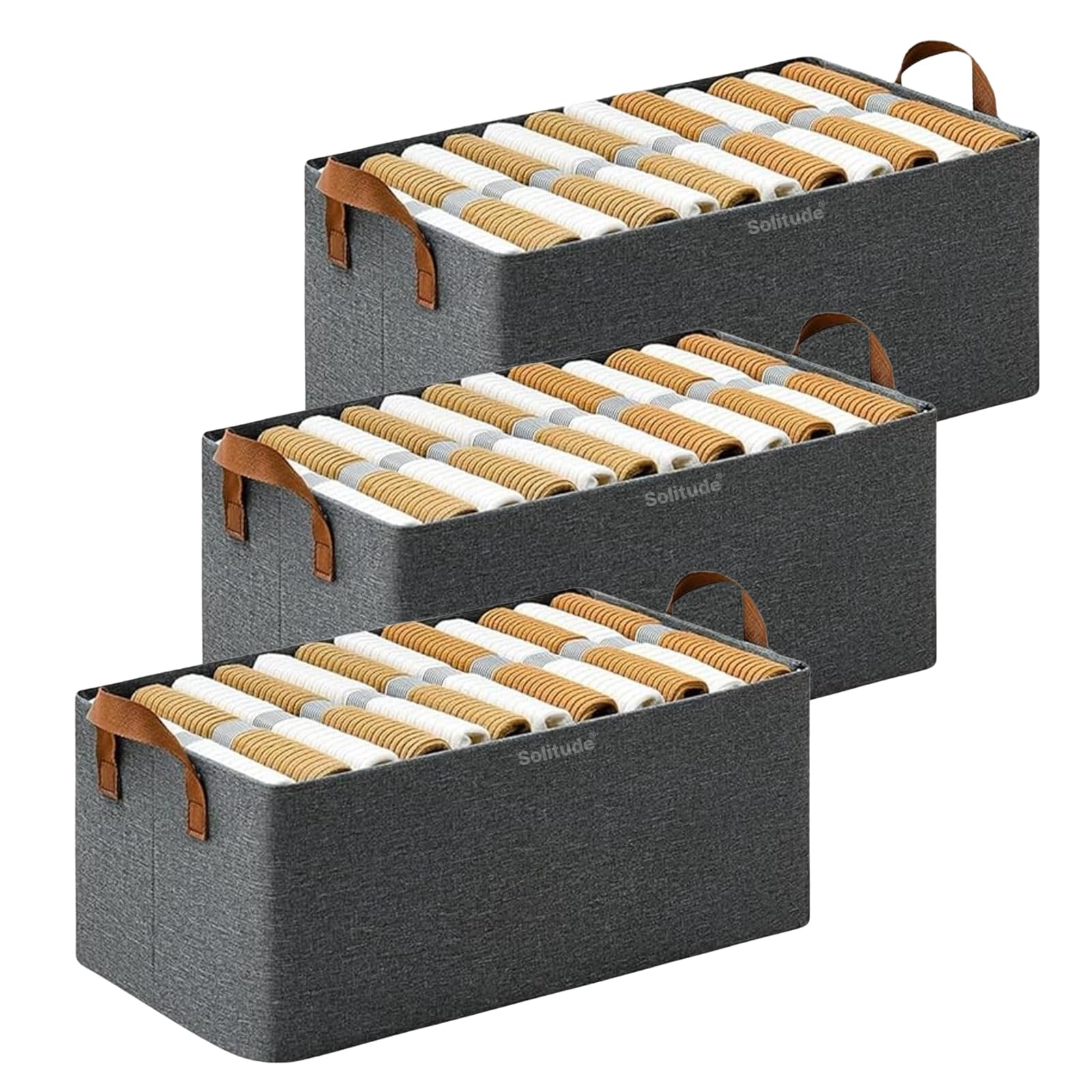 Solitude 3 Pcs Wardrobe Cloth Organizer for Storage Box Foldable Storage Bins for Clothes, Sheets, Toys, Books Shelf Organizer Basket with Handles Fabric Storage Box for Closet Organization-image-48