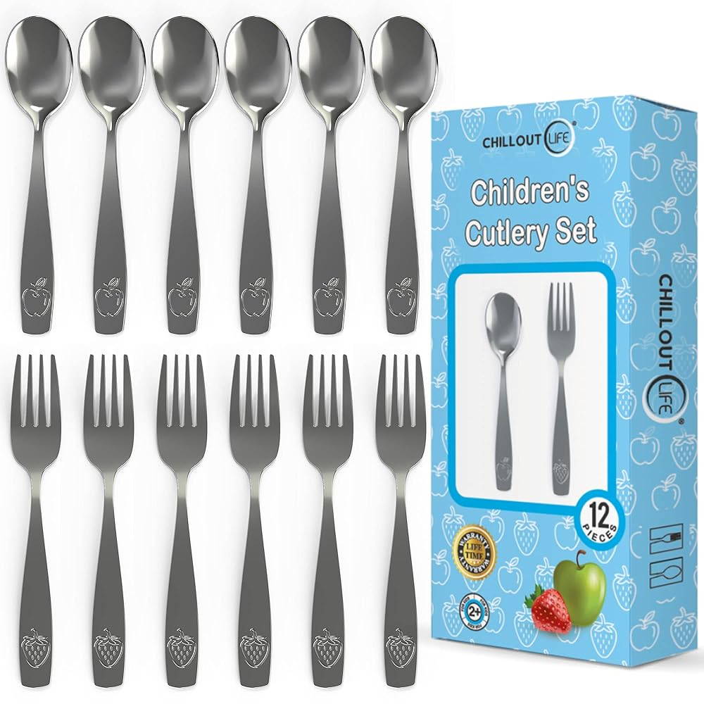 CHILLOUT LIFE Stainless Steel Kids Silverware Set 12 Pieces - Child and Toddler Safe Flatware - Kids Utensil Set - Metal Kids Cutlery Set (Includes 6 Small Kids Spoons & Kids 6 Forks)